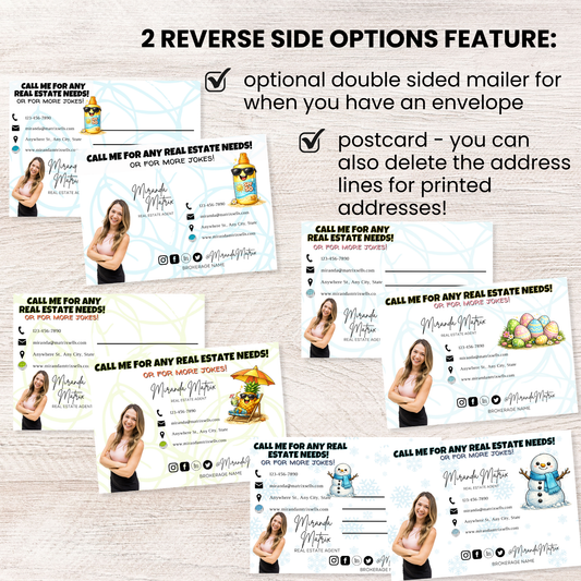 Year round realtor joke postcards with seasonal humor, digital download