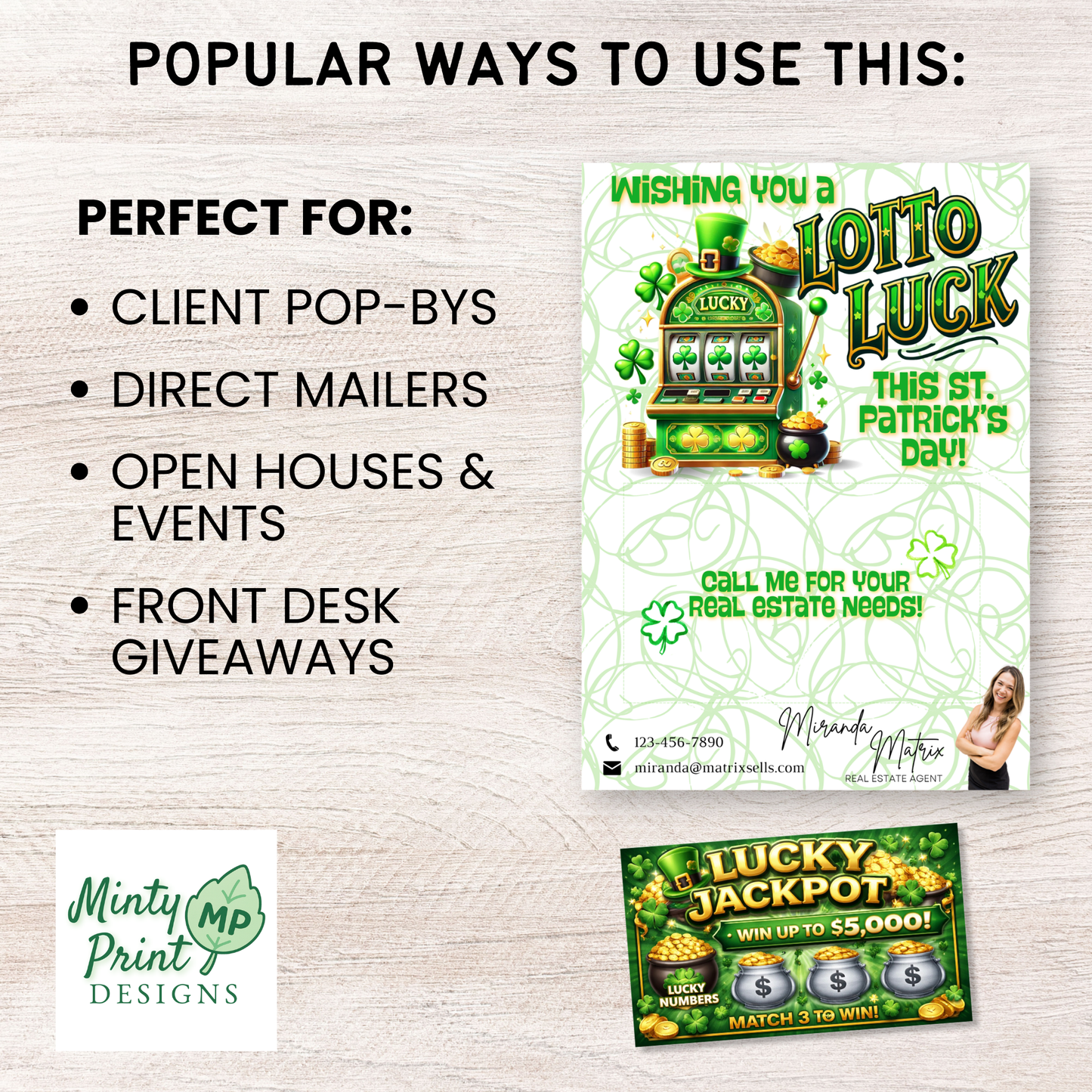 St. Patrick’s Day postcard template showing 4 x 2.5 inch space for attaching a scratch off lottery ticket for client appreciation marketing.