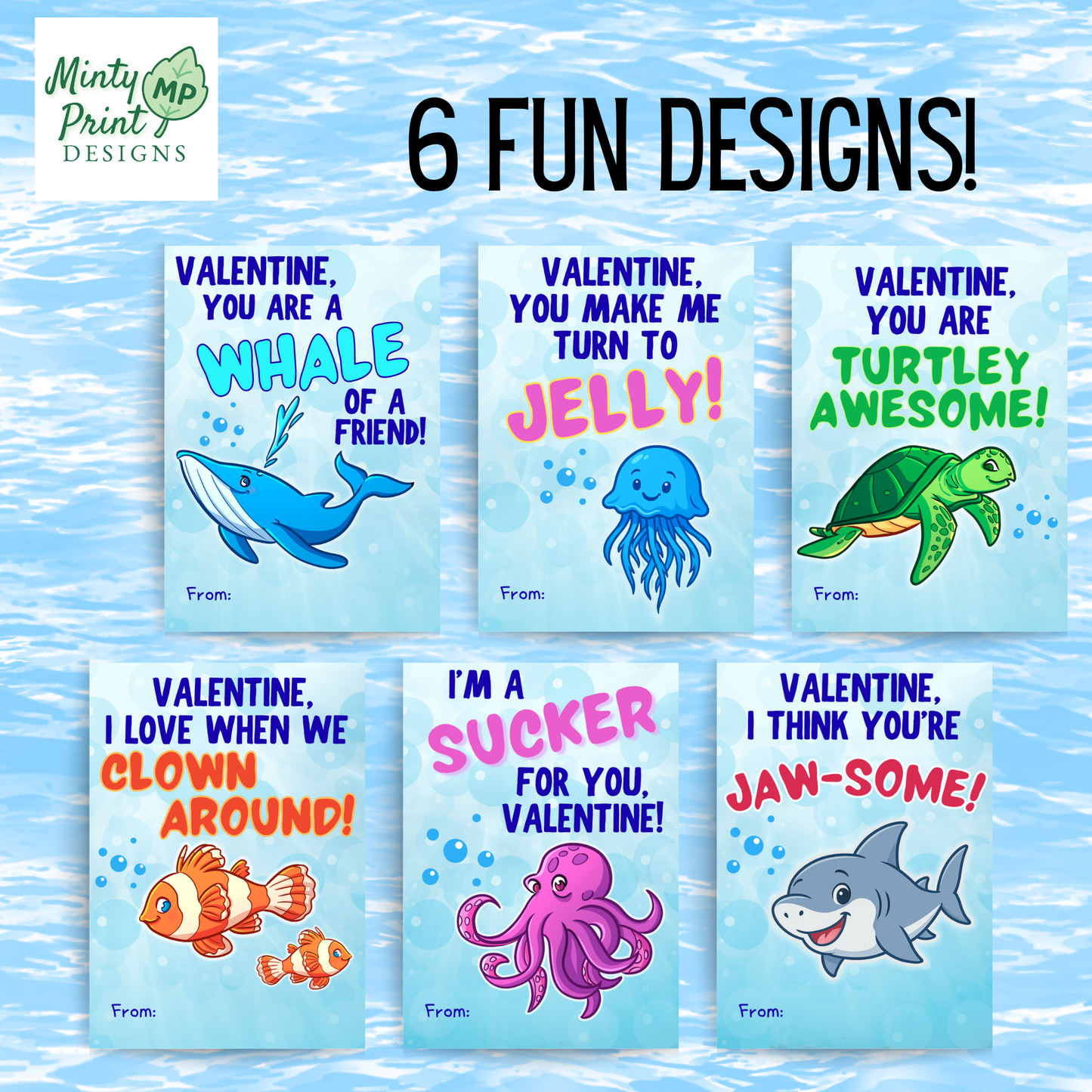 Printable ocean animal Valentines with cute sea creatures, perfect for classroom exchanges