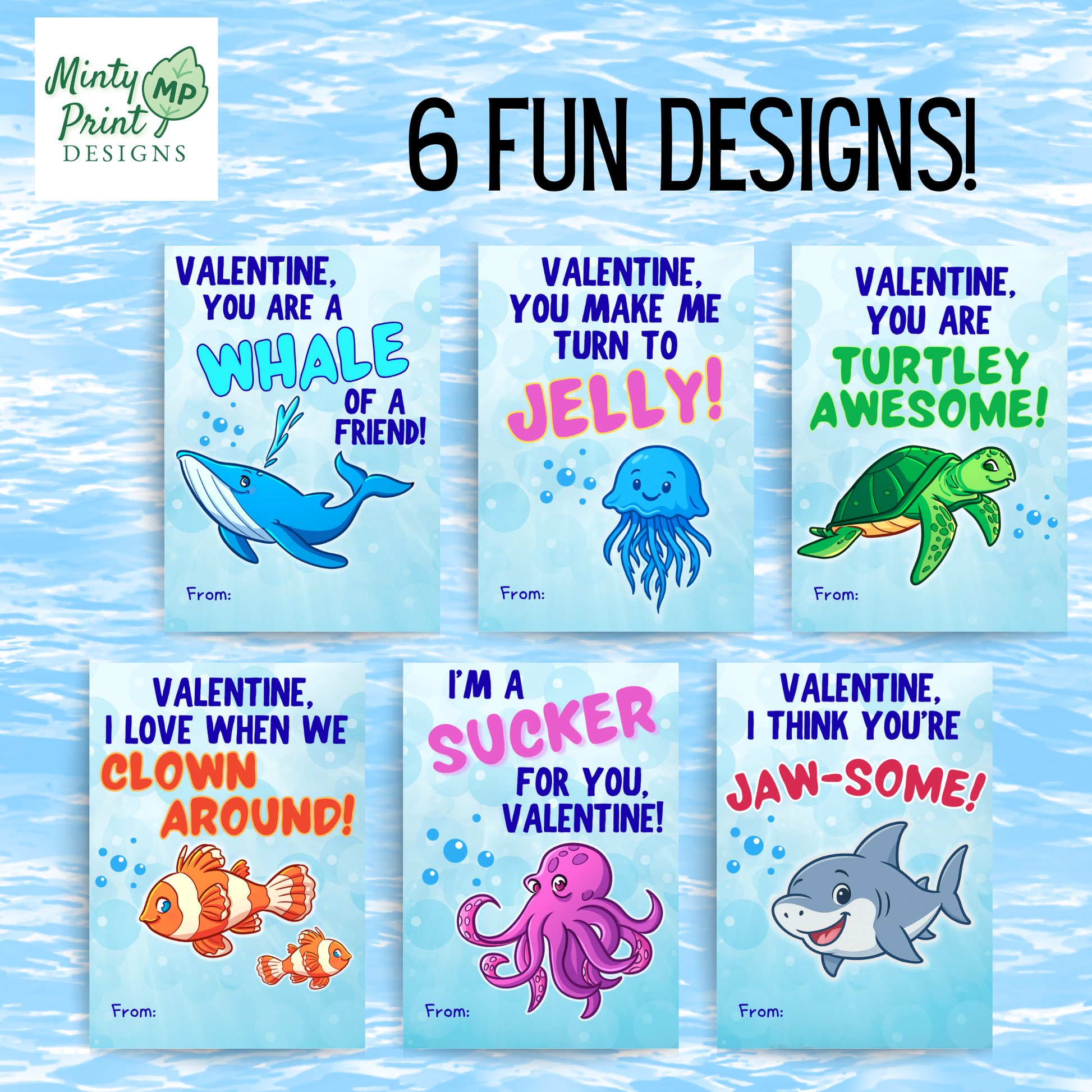 Printable ocean animal Valentines with cute sea creatures, perfect for classroom exchanges