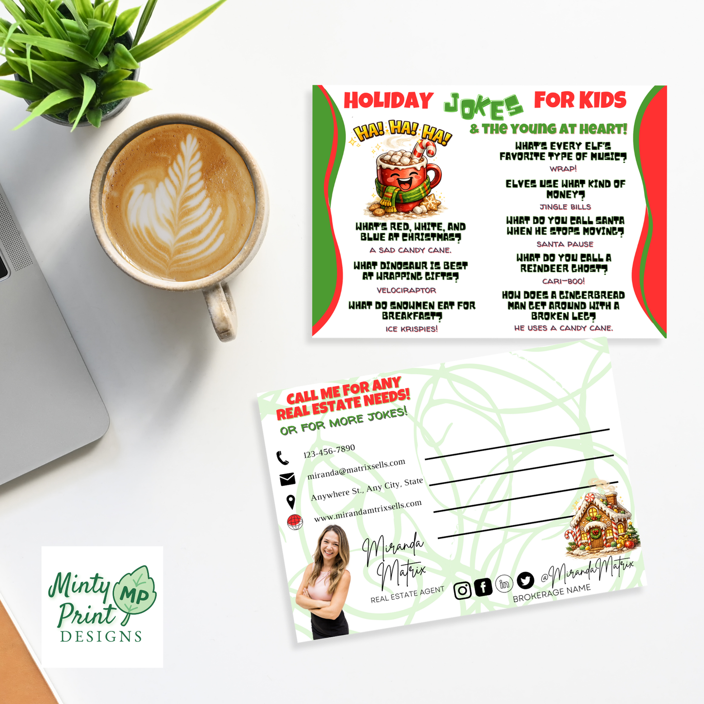 Holiday realtor postcard back layout with contact information, editable Canva design