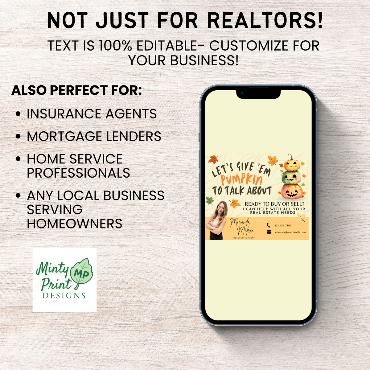 Fall real estate marketing freebie graphic explaining customizable photo, contact information, and Canva download