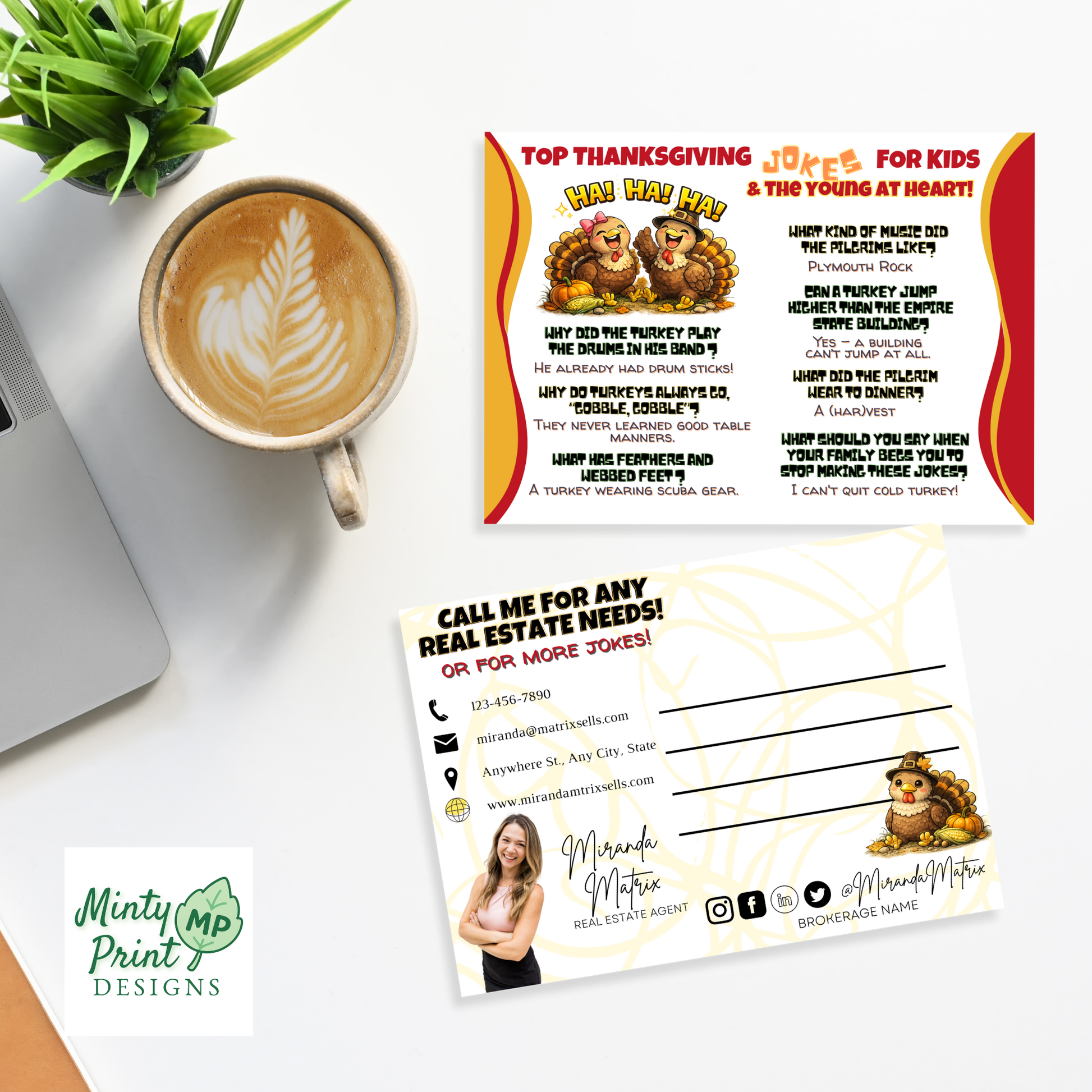 Fall joke postcard for realtors with cute turkey illustrations, Thanksgiving client mailer template