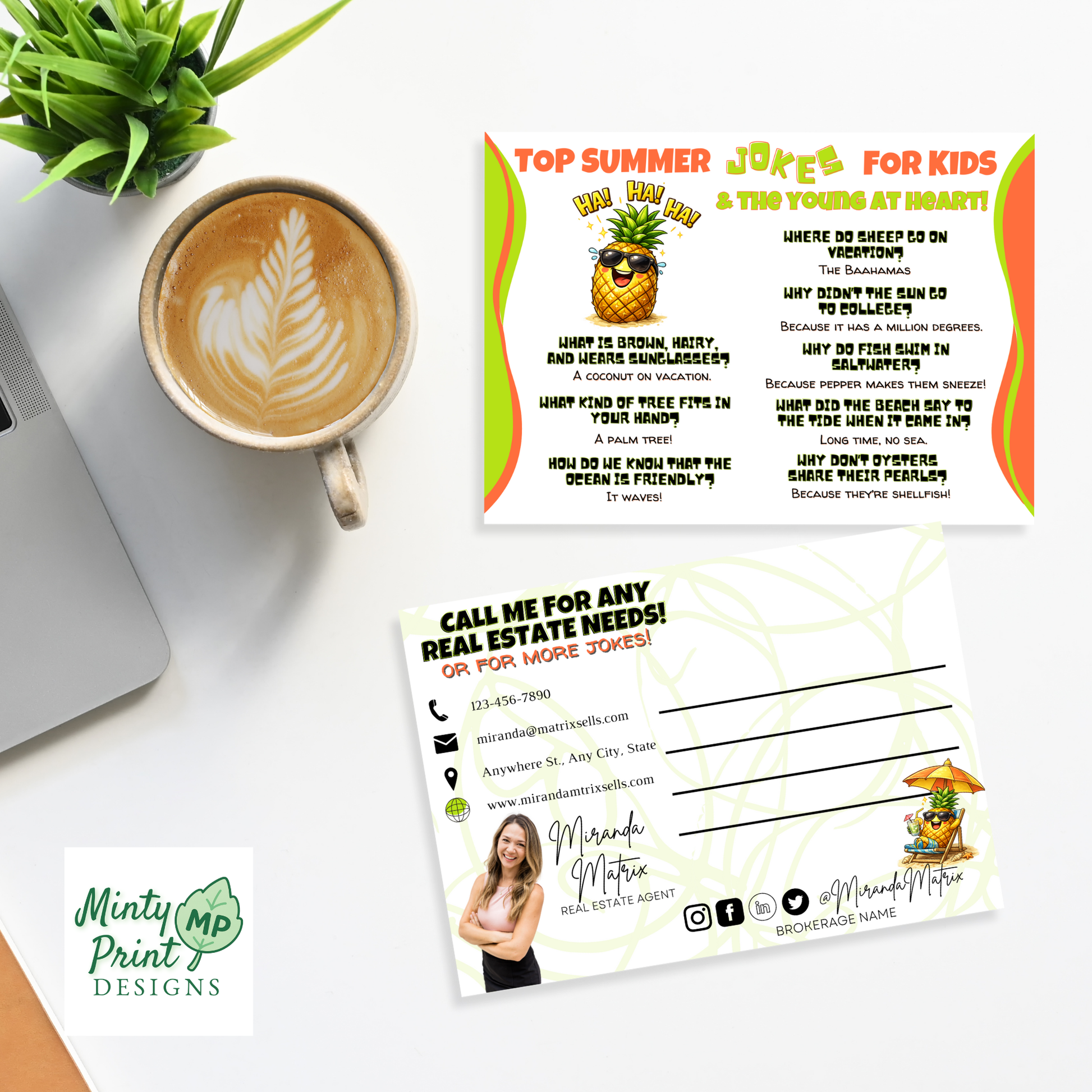 Summer joke postcard for realtors, June July marketing idea
