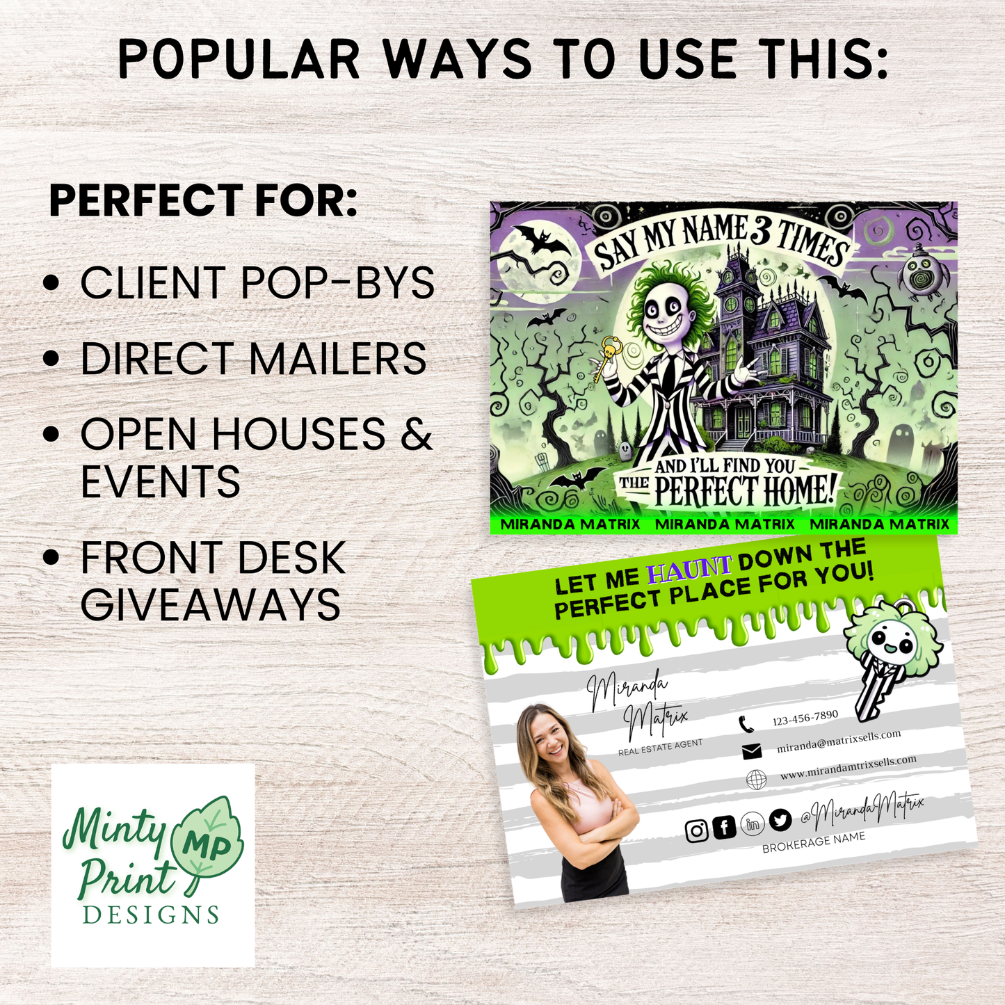 Editable Halloween Realtor postcard featuring a haunted house, spooky green-haired ghost character, and customizable Canva branding for real estate marketing.