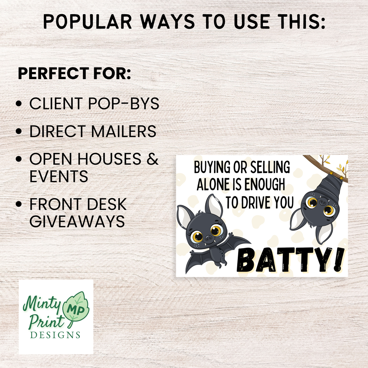 Halloween real estate recipe postcard with realtor photo, contact information and Easy Bat Treats recipe