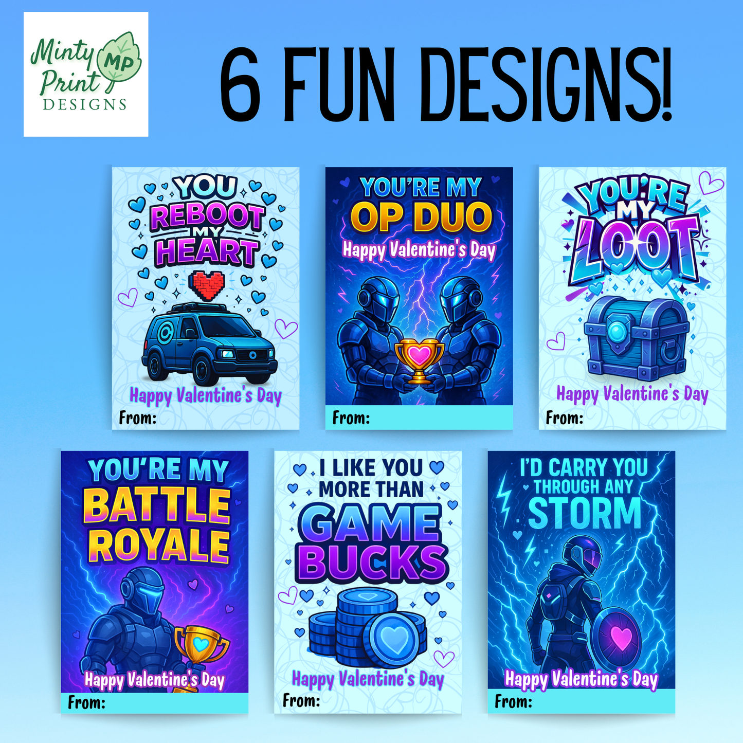 Printable Valentine for kids who like video games, game currency themes, and Fortnite-inspired designs.