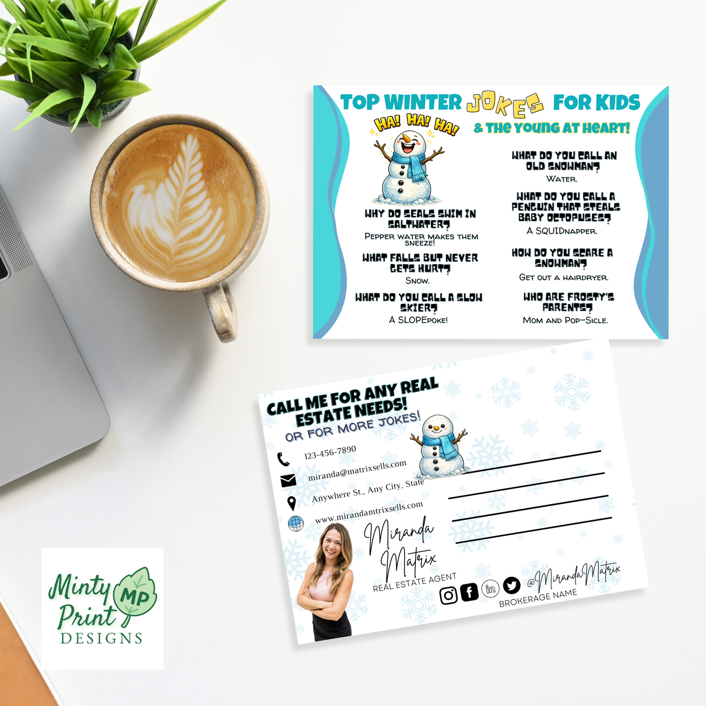 Winter joke postcard for realtors, kid friendly marketing idea