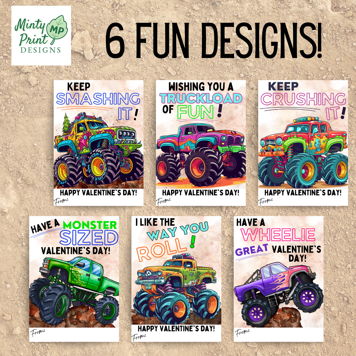 Monster truck Valentine card printable with truck themed message for kids