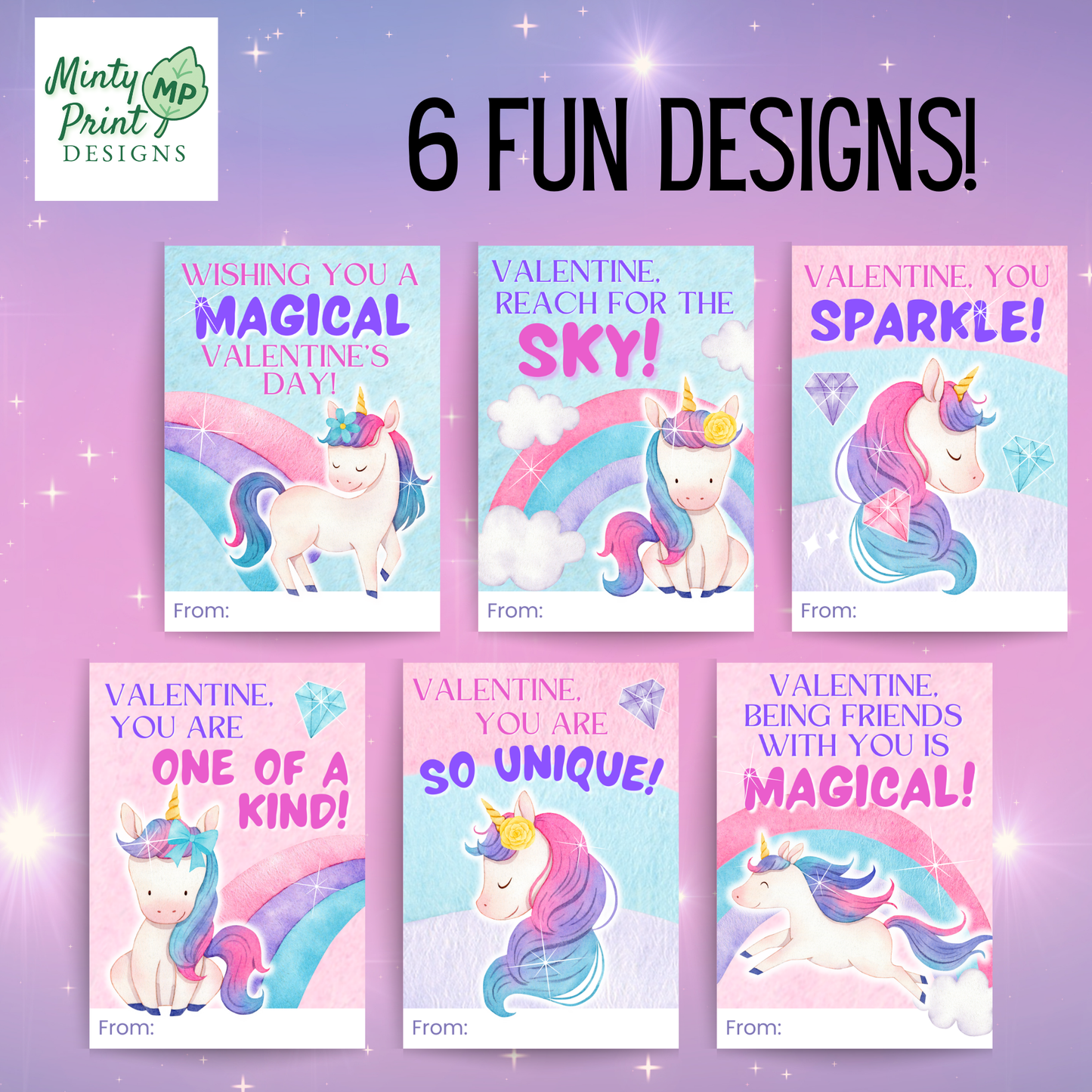 Printable unicorn Valentine card with pastel gems and sparkles and message “Valentine, You Sparkle”