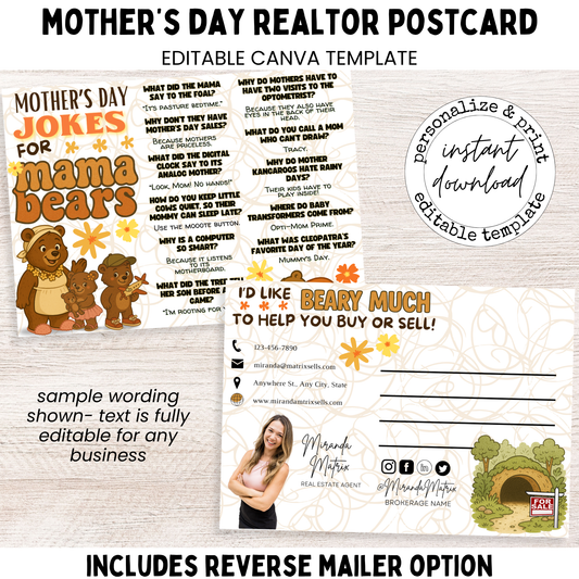 Mother’s Day realtor postcard template featuring retro mama bear design with “Beary Much Love to Help You Buy or Sell” message