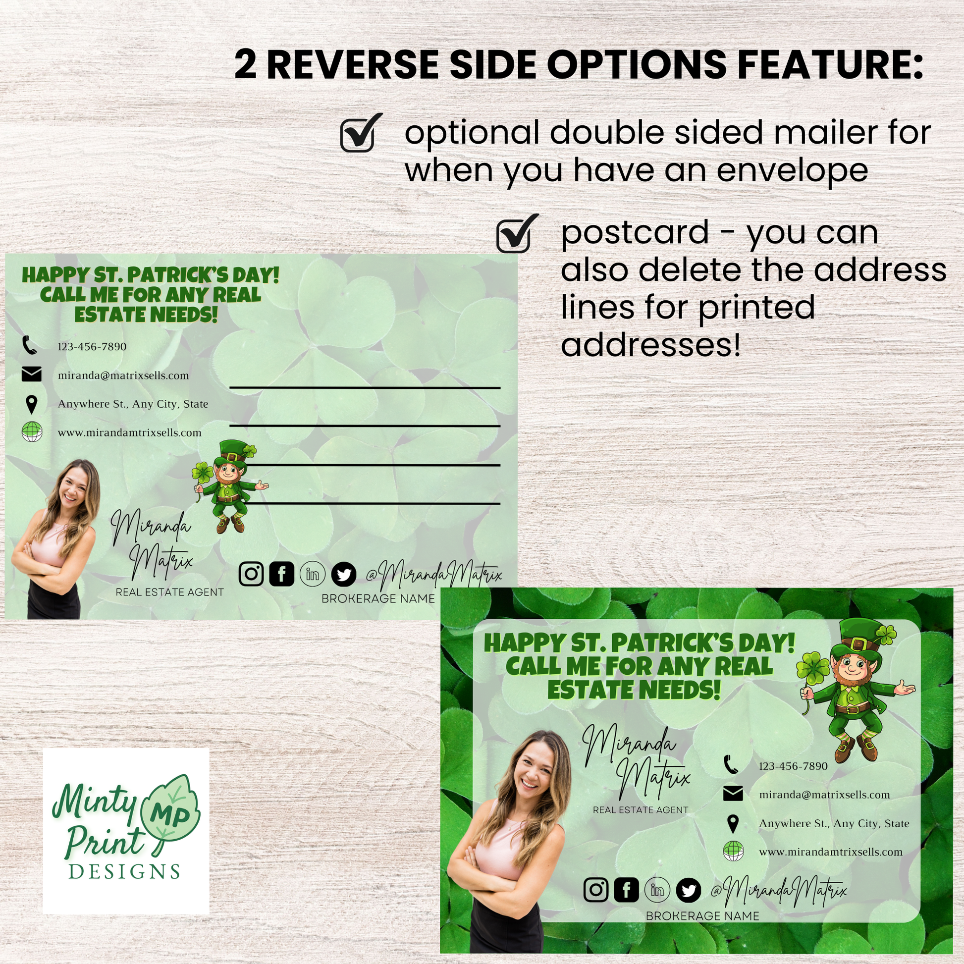 Printed St. Patrick’s Day real estate marketing postcard displayed on desk mockup with shamrock background.