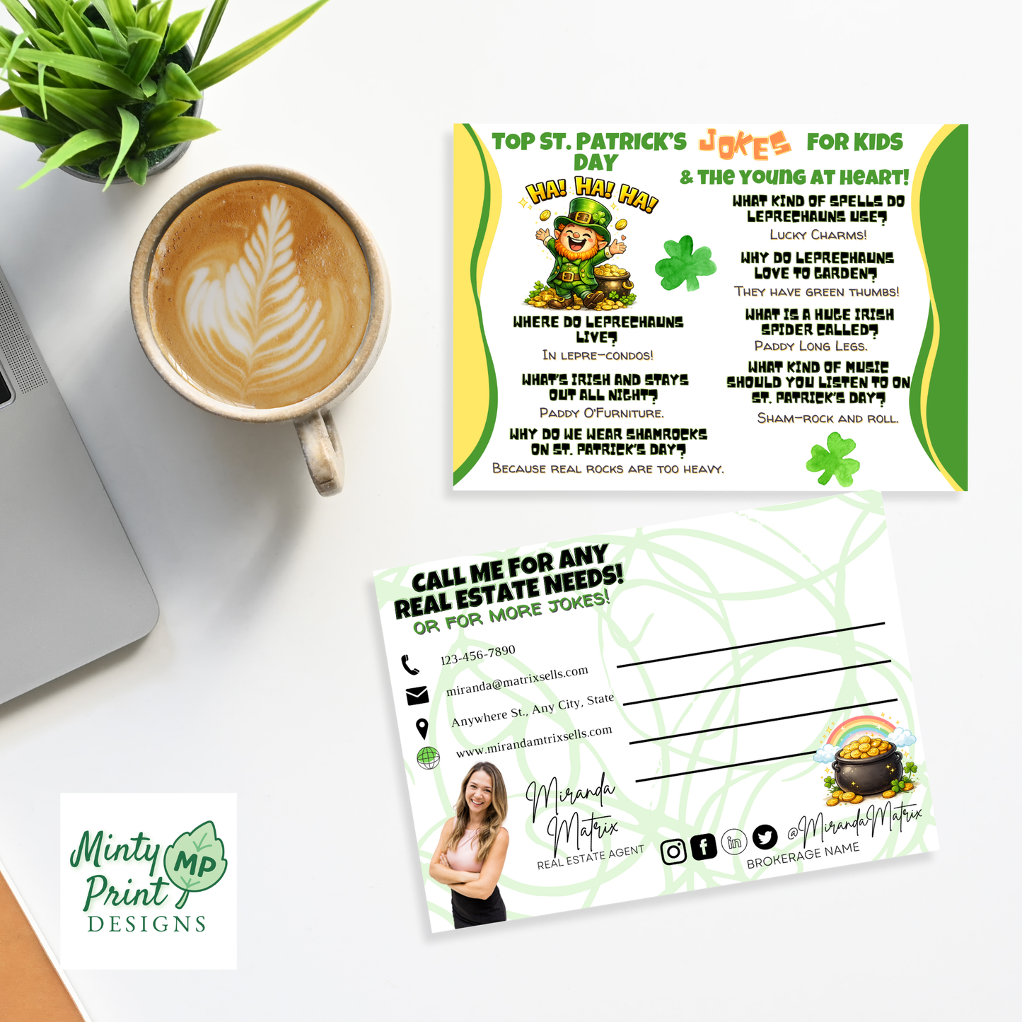 St. Patrick’s Day joke postcard for realtors, kid-friendly client marketing