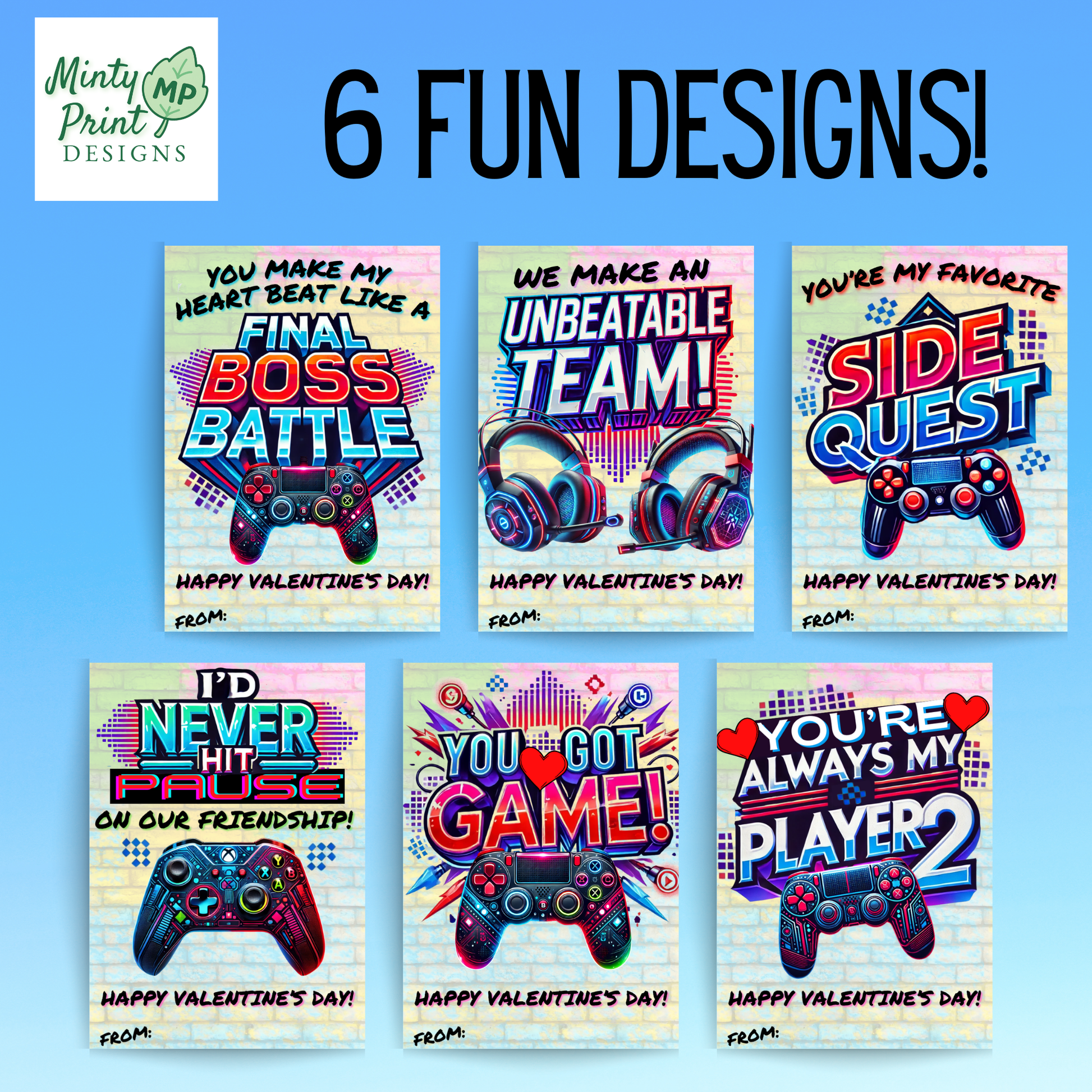 Colorful gaming Valentine cards featuring stylized controllers with PlayStation-inspired and Xbox-inspired details. Digital download for kids and teens.