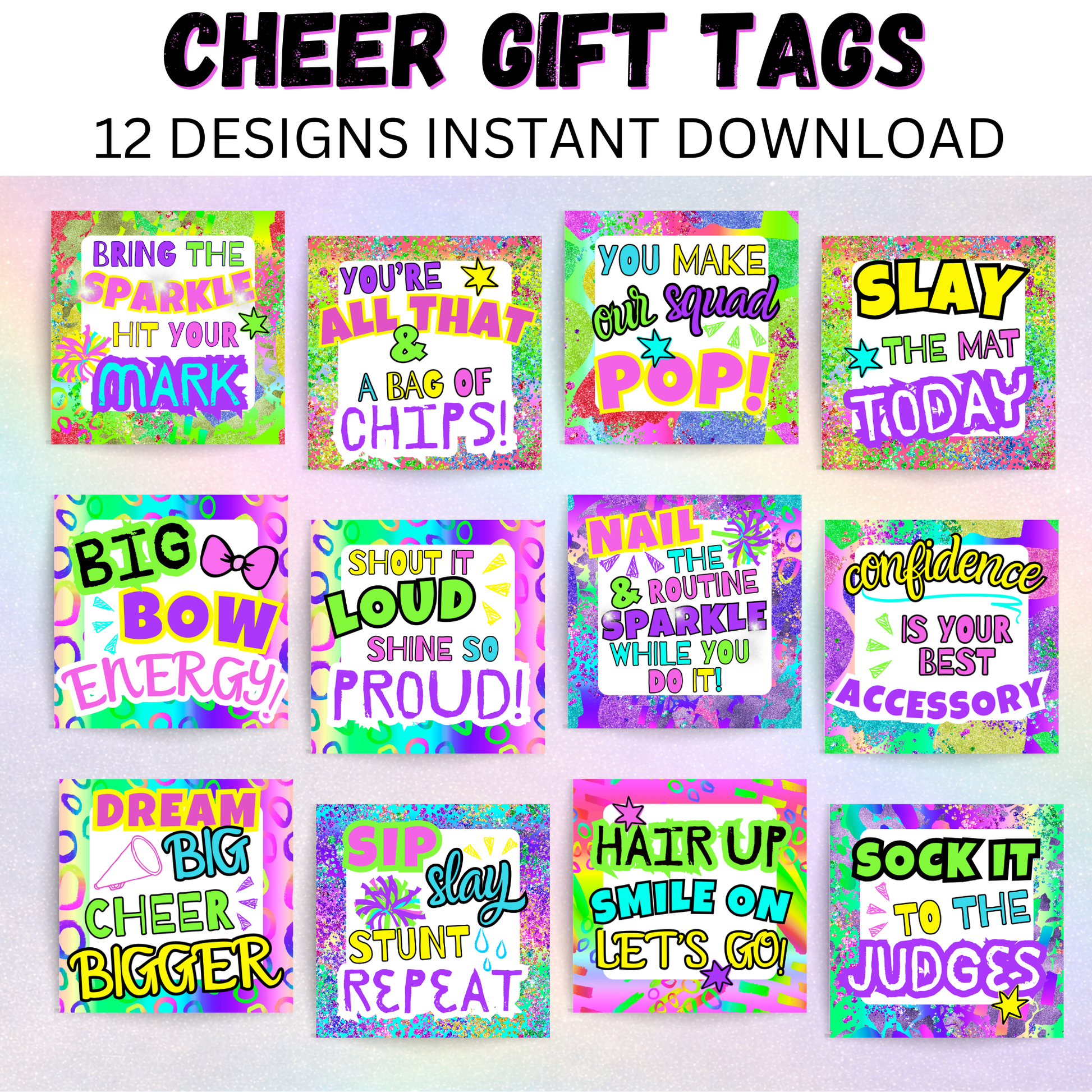 Colorful printable cheer gift tags with bold fonts and bright neon colors, designed for cheerleaders and cheer team gifts.