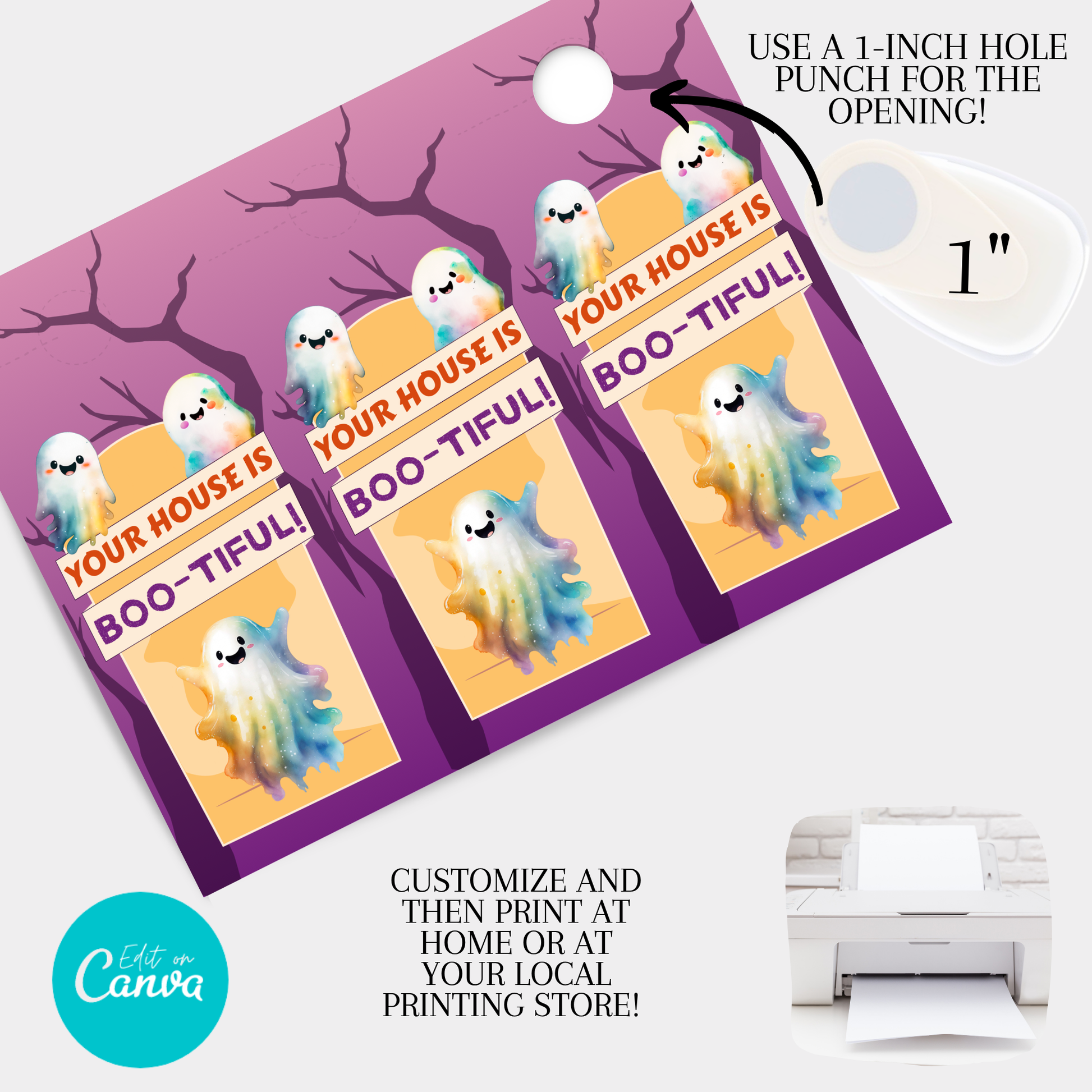 Printable Canva Halloween door hanger for Realtors with seasonal marketing message and three door hangers per printable sheet.
