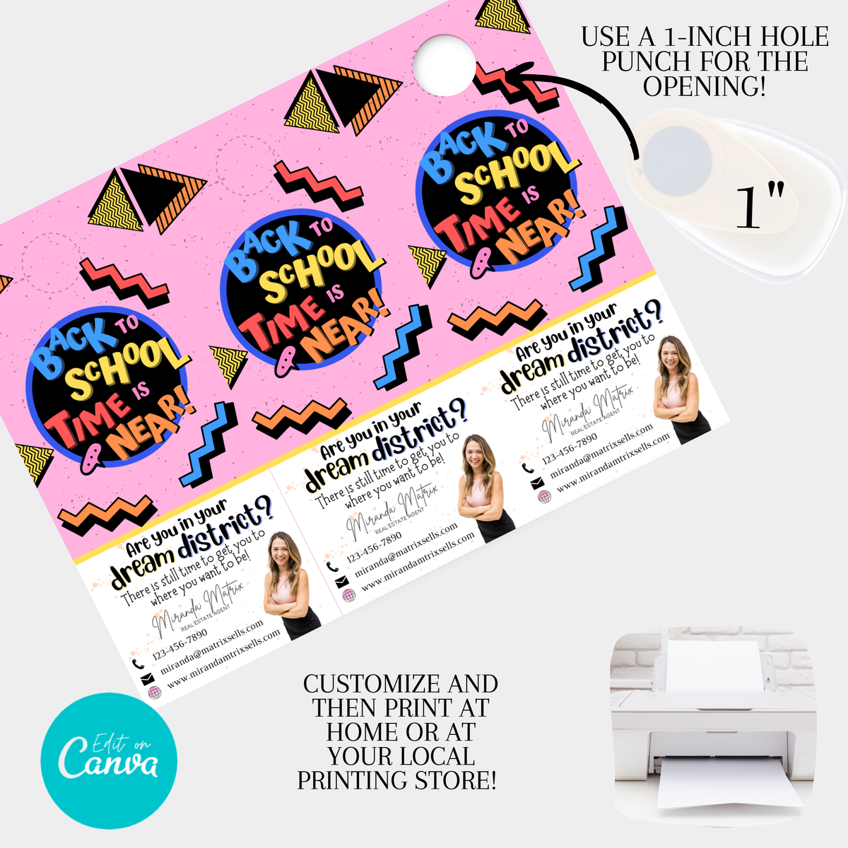 Two-sided Back to School real estate door hanger featuring a dream school district message and Realtor branding.