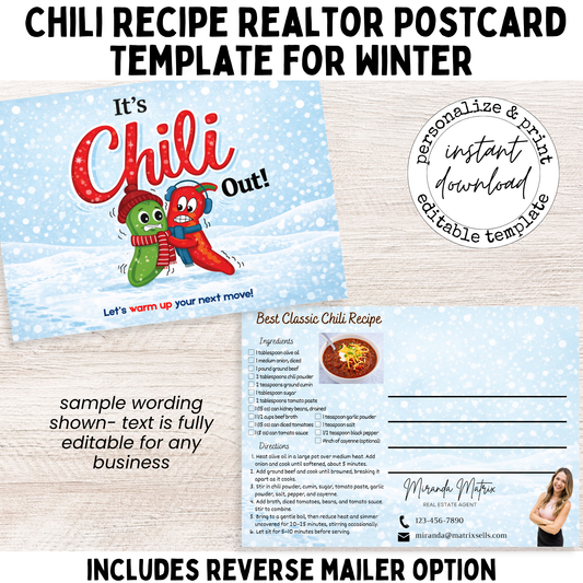 Chili recipe realtor postcard template funny winter marketing Canva design