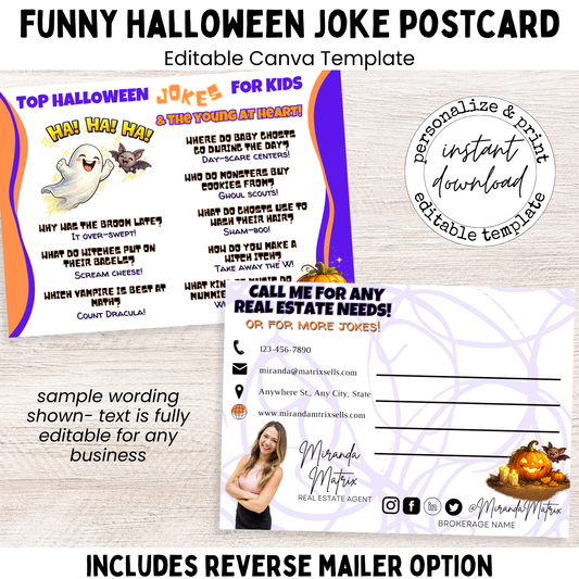 Funny Halloween joke postcard for kids, editable Canva template