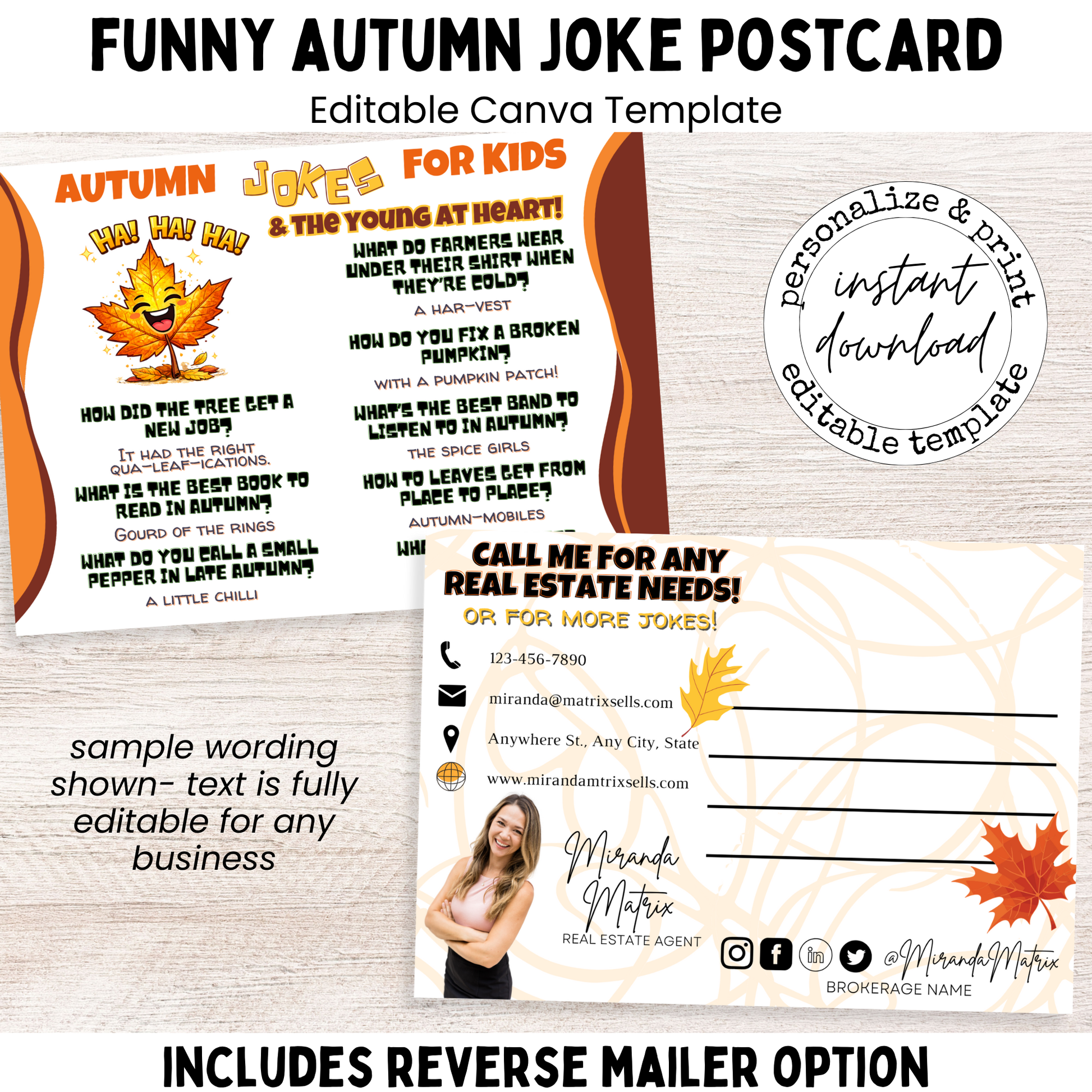 Funny autumn joke postcard for kids, editable Canva template