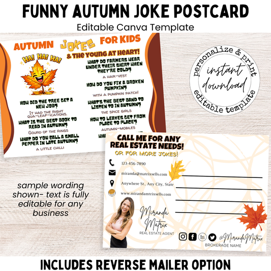 Funny autumn joke postcard for kids, editable Canva template
