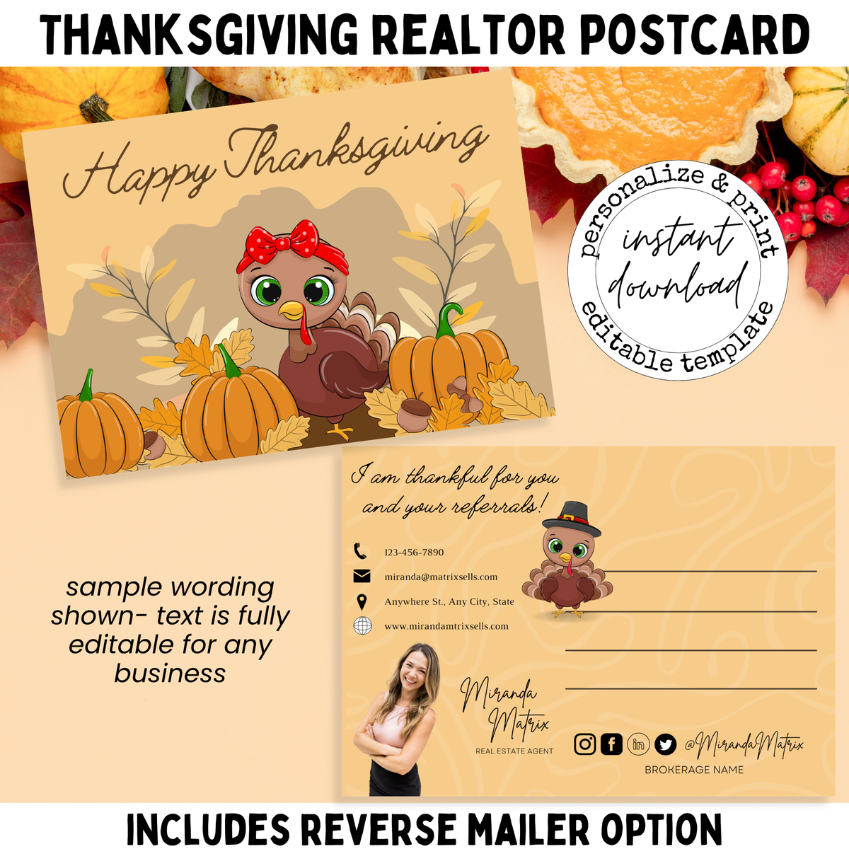 Cute Thanksgiving realtor postcard featuring cartoon turkey, pumpkins, fall leaves and Happy Thanksgiving message
