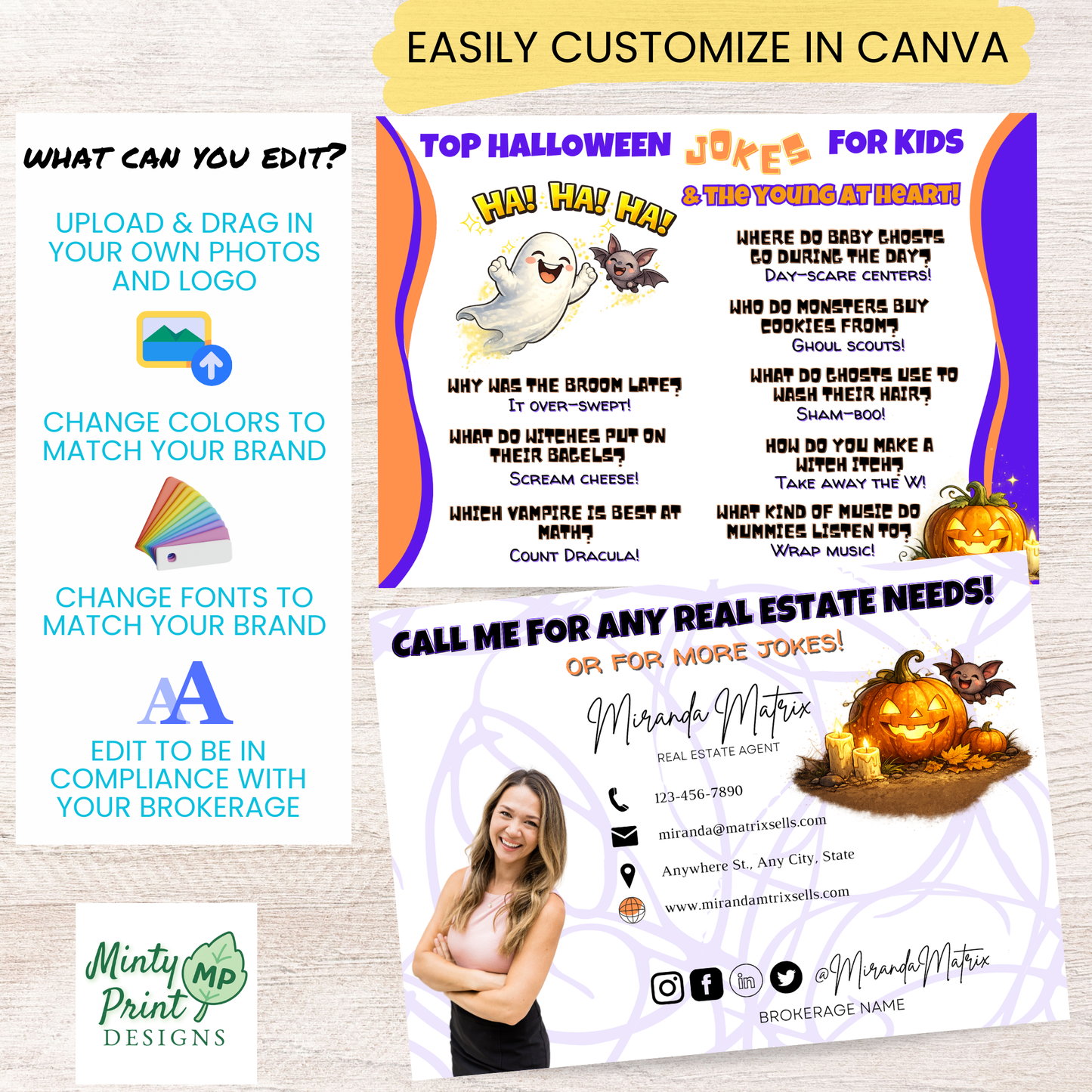 Realtor Halloween joke postcard Canva editable digital download