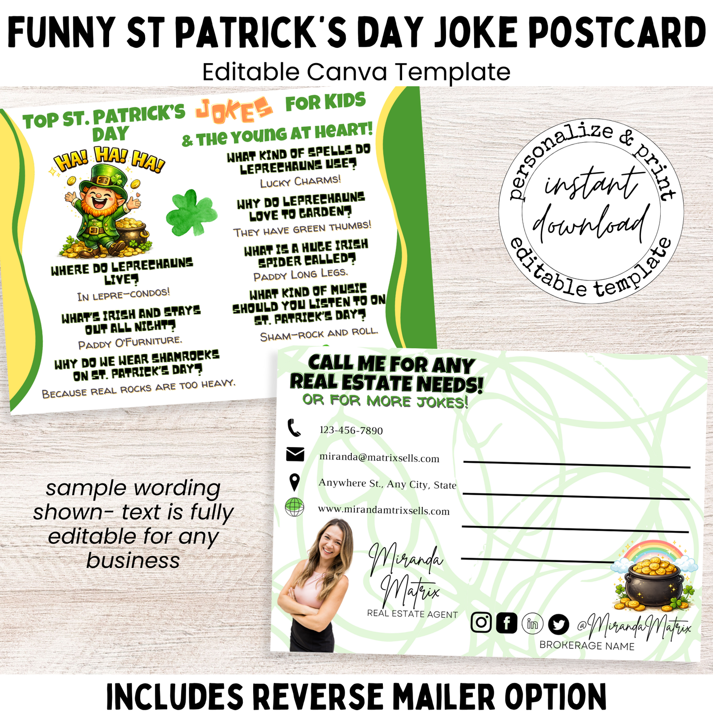 Funny St. Patrick’s Day joke postcard for kids, editable Canva template