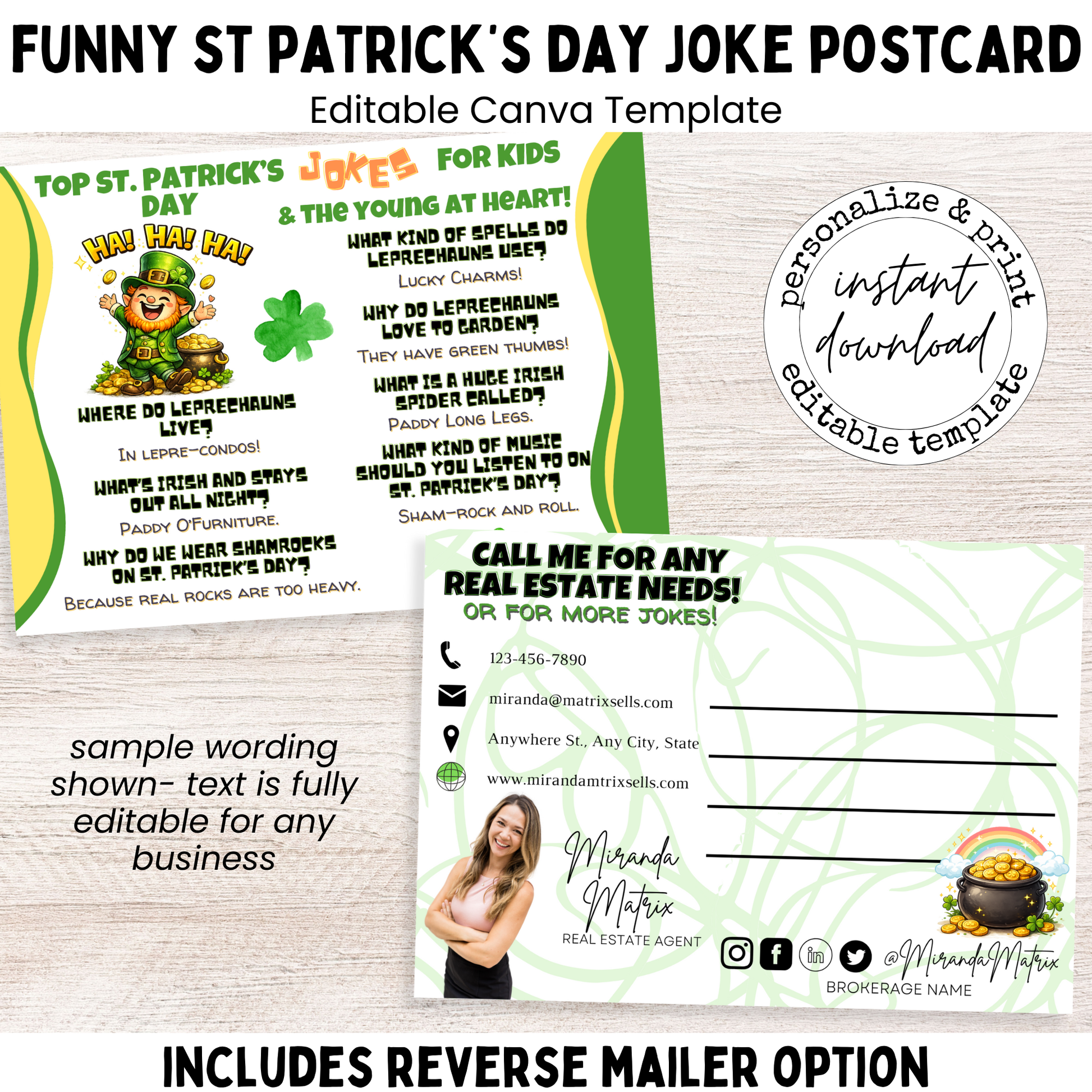 Funny St. Patrick’s Day joke postcard for kids, editable Canva template