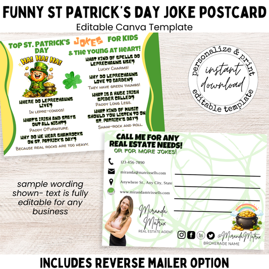 Funny St. Patrick’s Day joke postcard for kids, editable Canva template