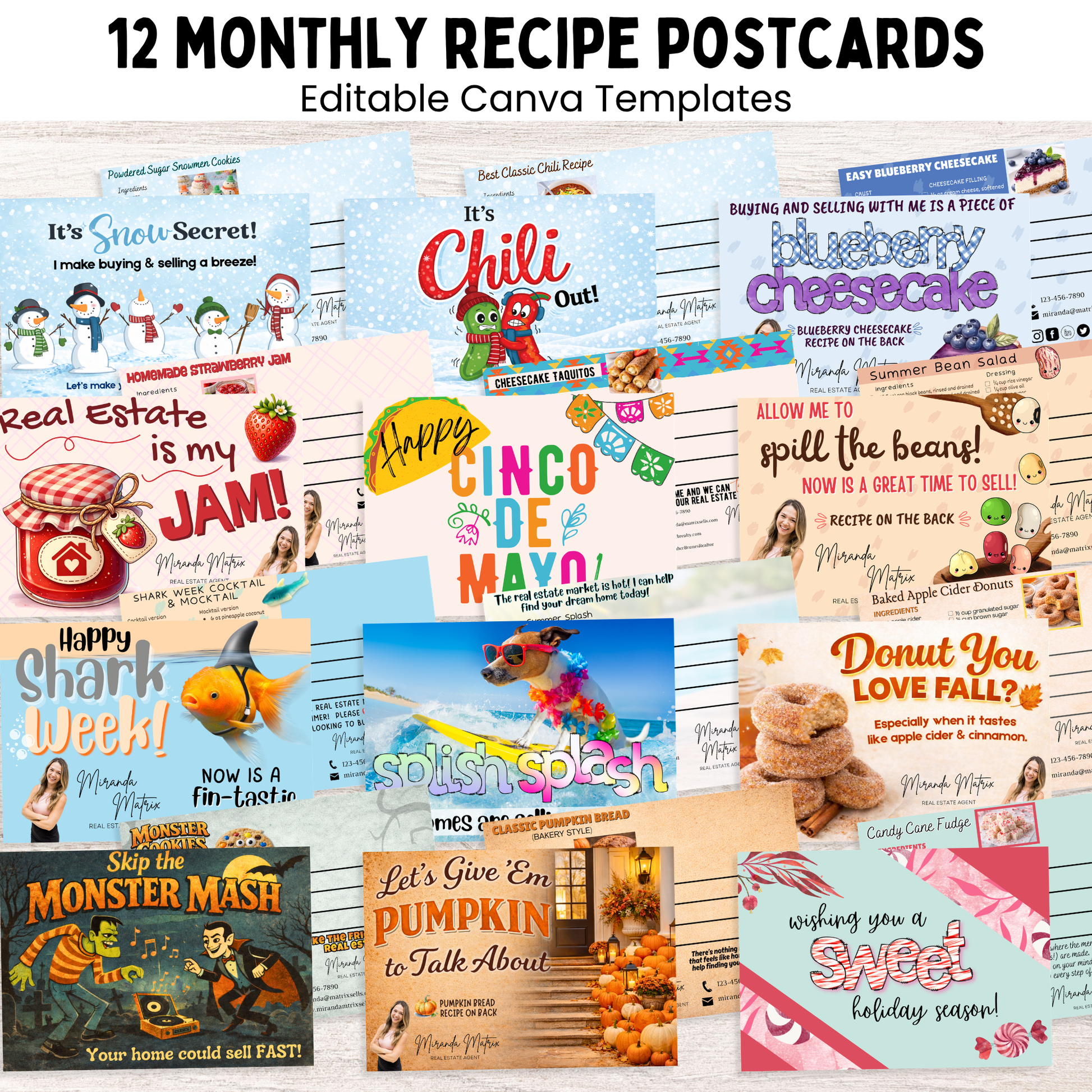 12 month realtor marketing postcard bundle with seasonal recipe designs