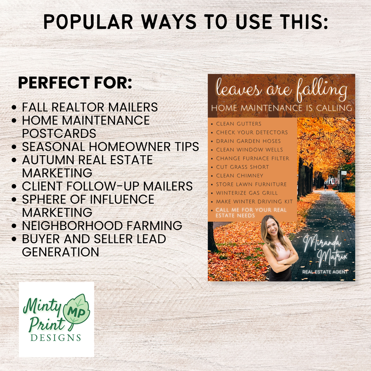 Autumn home maintenance postcard for realtors with checklist, fall leaf design and buyer seller call to action