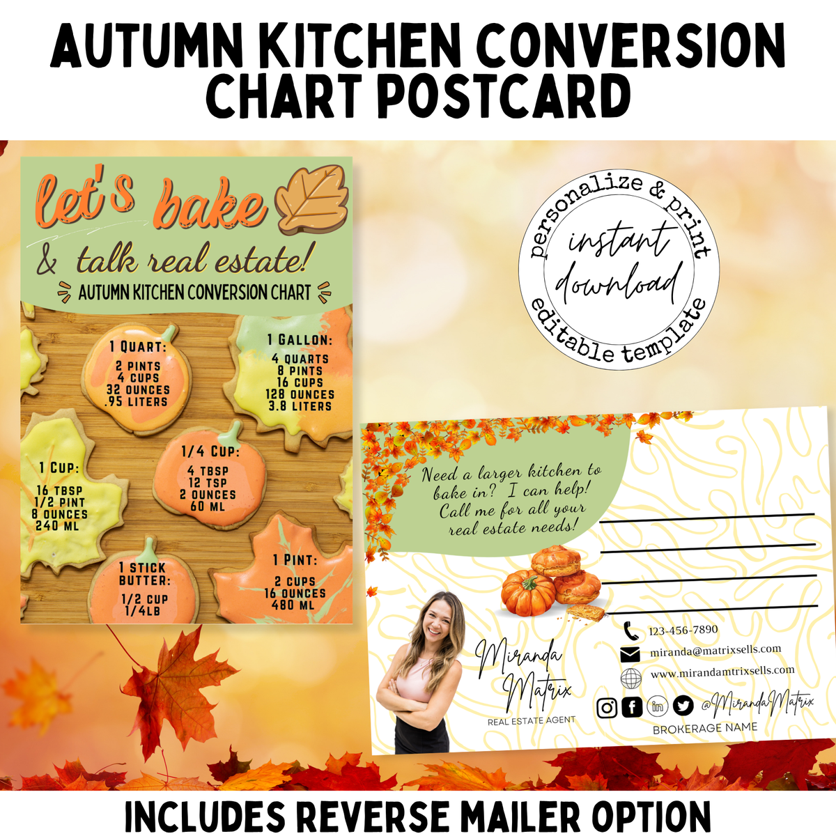 Fall realtor pop-by kitchen conversion chart with autumn leaves and pumpkins