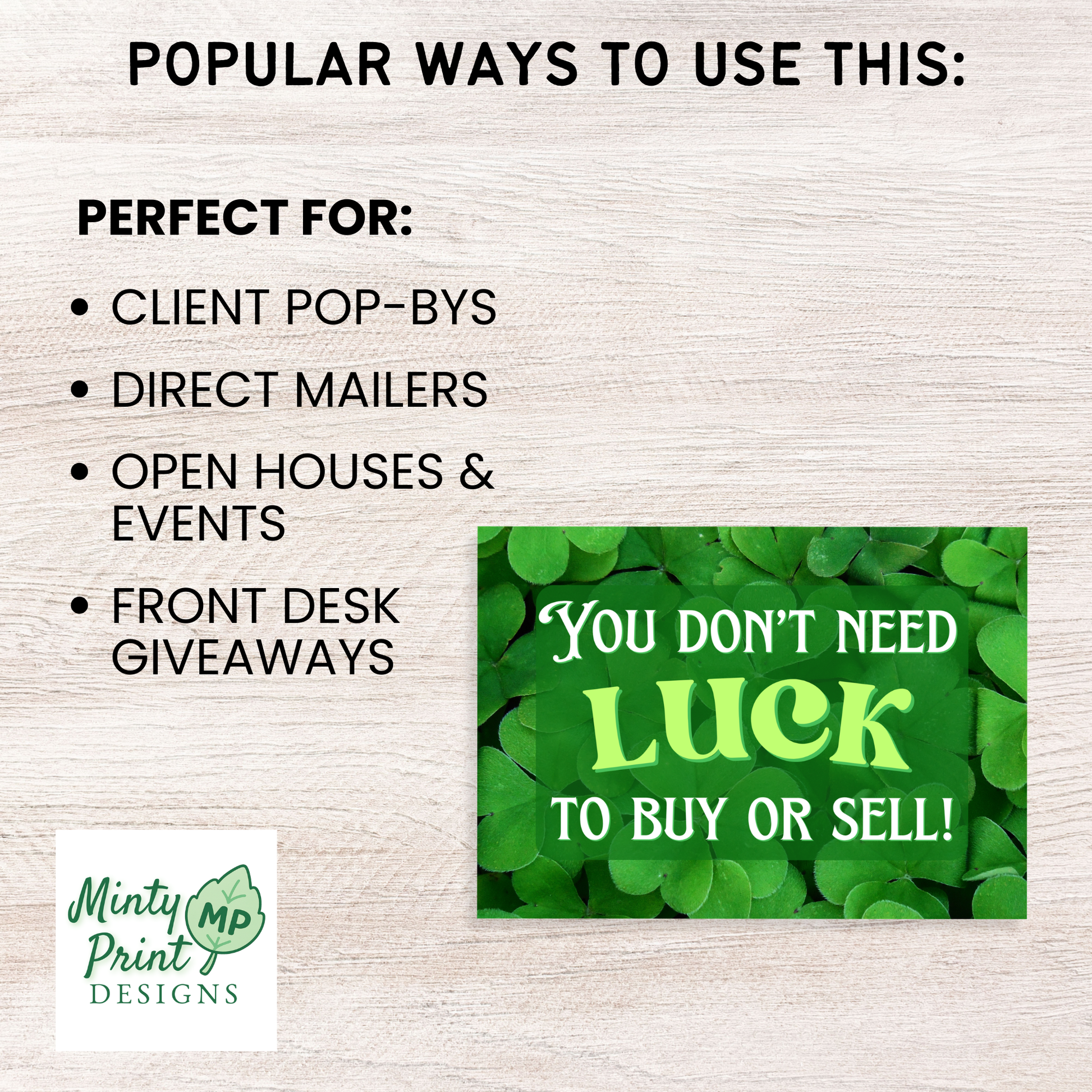 St. Patrick’s Day realtor postcard template in 4x6 and 5x7 sizes with editable Canva design and professional contact layout