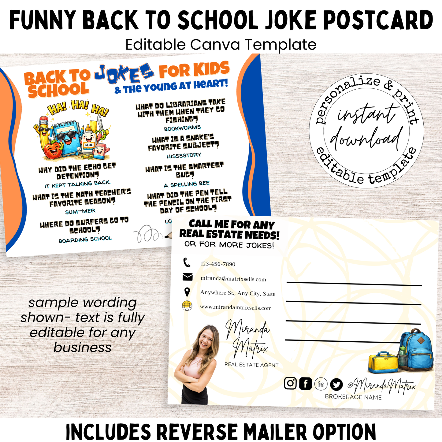 Funny back to school joke postcard for kids, editable Canva template