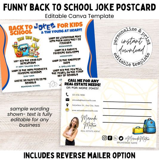 Funny back to school joke postcard for kids, editable Canva template