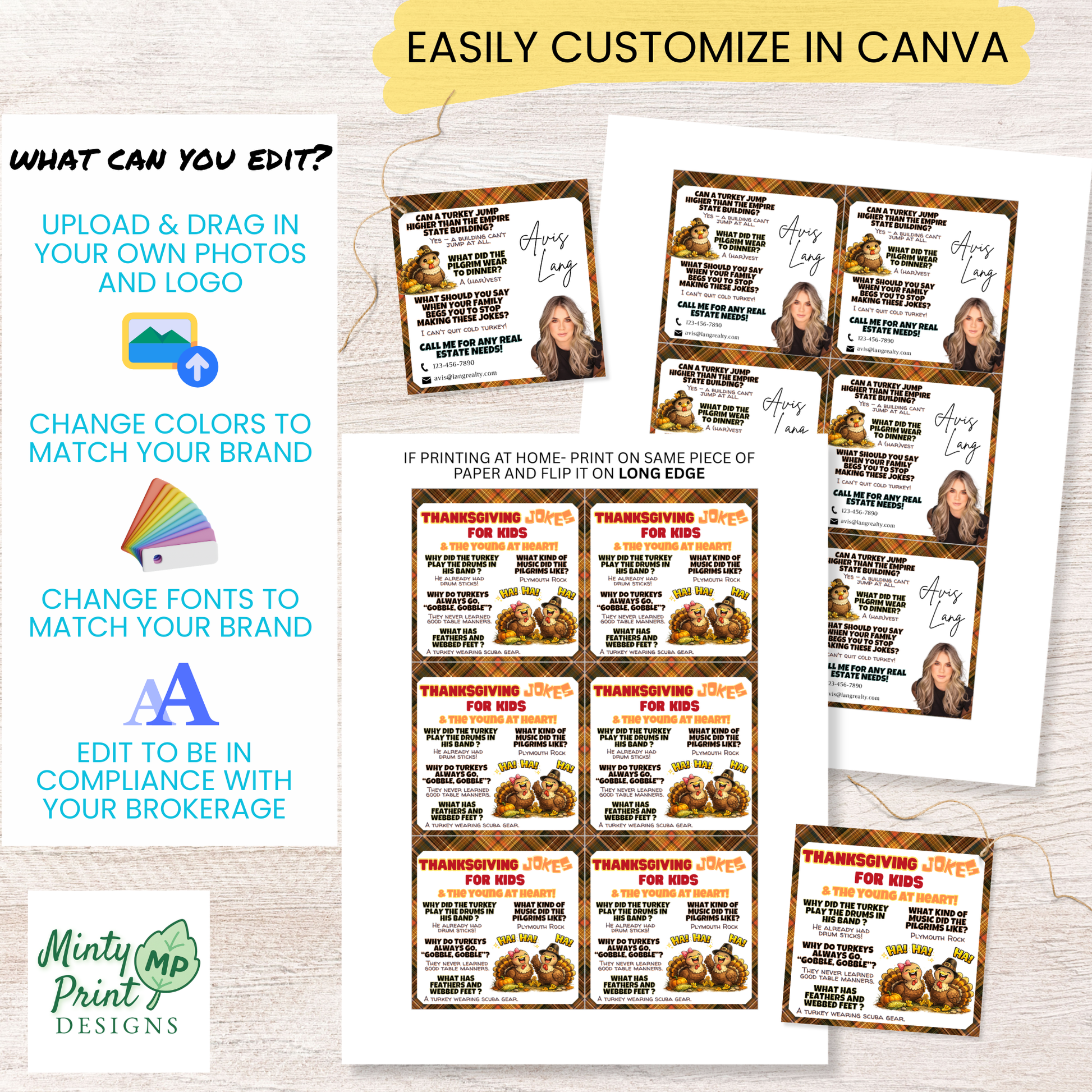 Editable Thanksgiving pop-by tag template in Canva with customizable headshot, business information, colors, and fonts for client appreciation gifts.