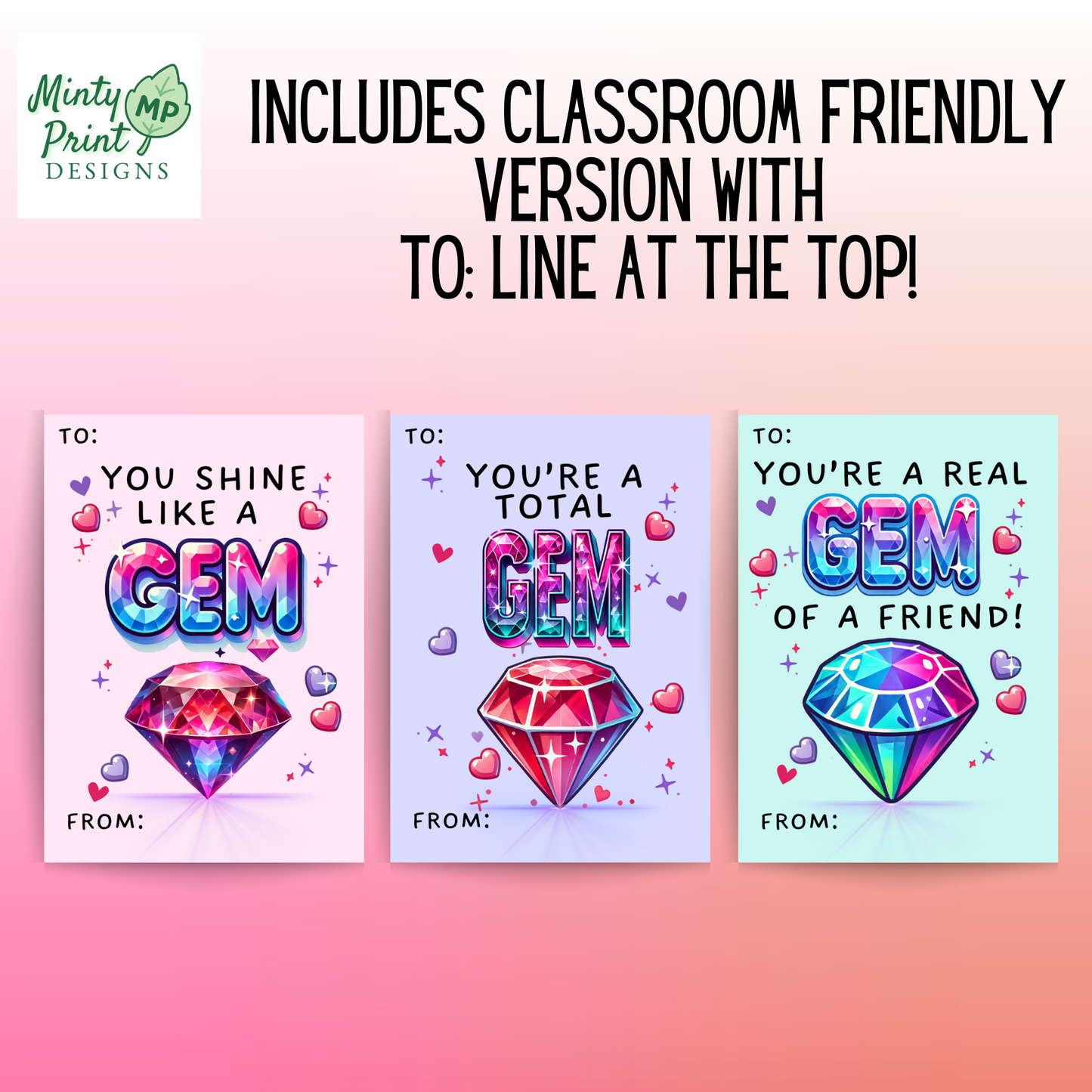 Printable Gem Valentines for Kids – Friendship Valentine Cards (Set of 3, Instant Download)
