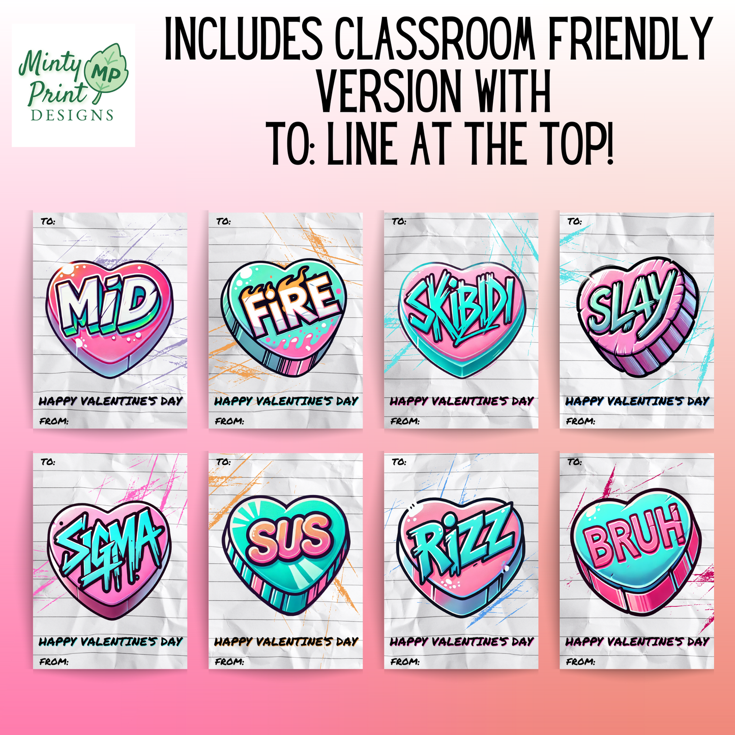 Printable Pink Slang Valentines for Older Kids and Middle School  – Set of 8 Trendy Cards (Mid, Fire, Slay, Sigma, Bruh, Rizz, Sus & Skibidi) | Cute Classroom PDF
