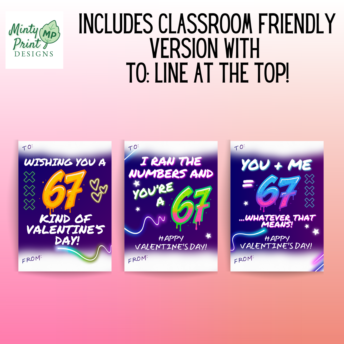 Printable Neon “67” Valentines – Funny Valentines for Older Kids – Set of 3