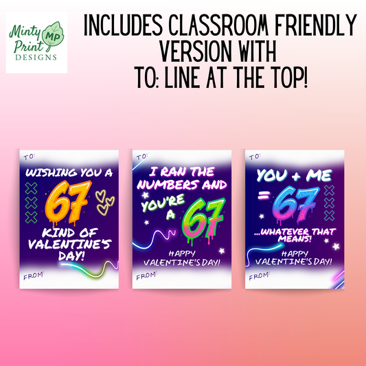 Printable Neon “67” Valentines – Funny Valentines for Older Kids – Set of 3