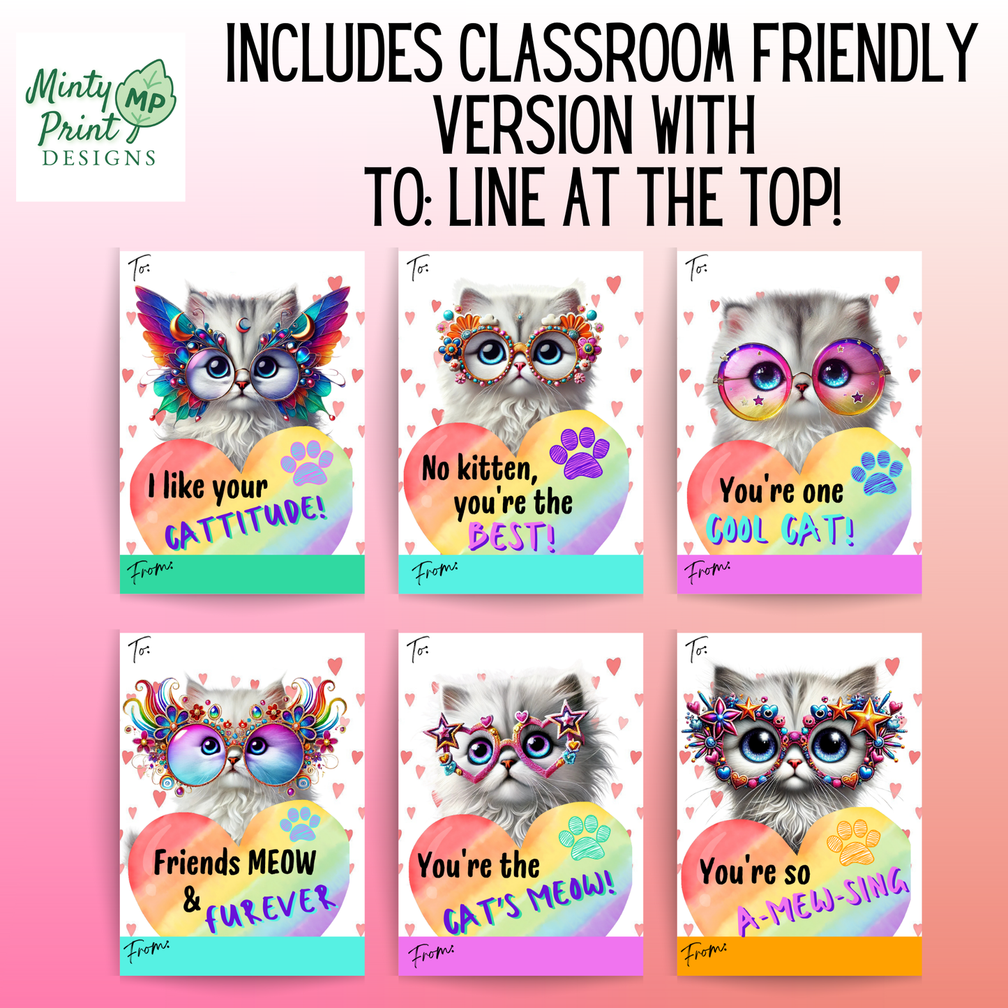 Disco Cat Classroom Valentines – Colorful Cat Pun Cards | Printable PDF