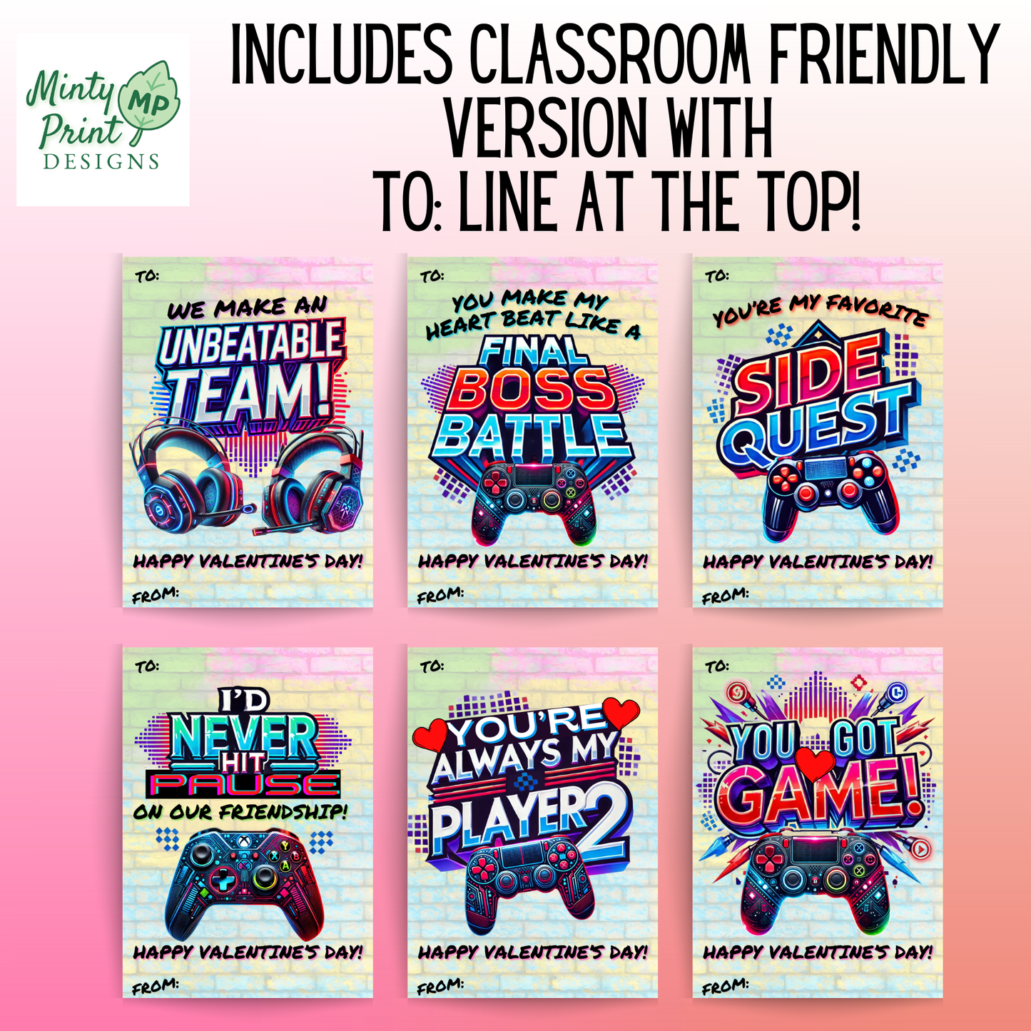 Printable Gamer Valentines for Kids – Retro Arcade Style | Set of 6 Video Game Cards