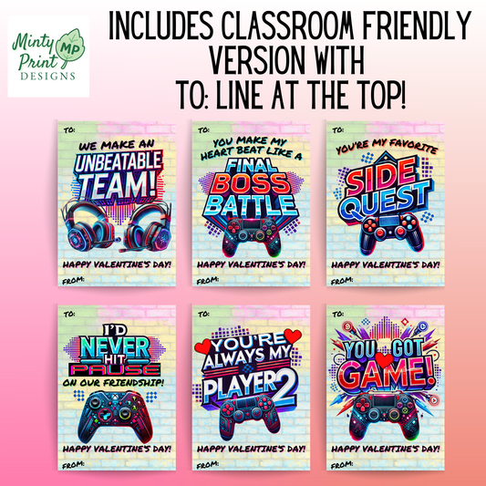 Printable Gamer Valentines for Kids – Retro Arcade Style | Set of 6 Video Game Cards