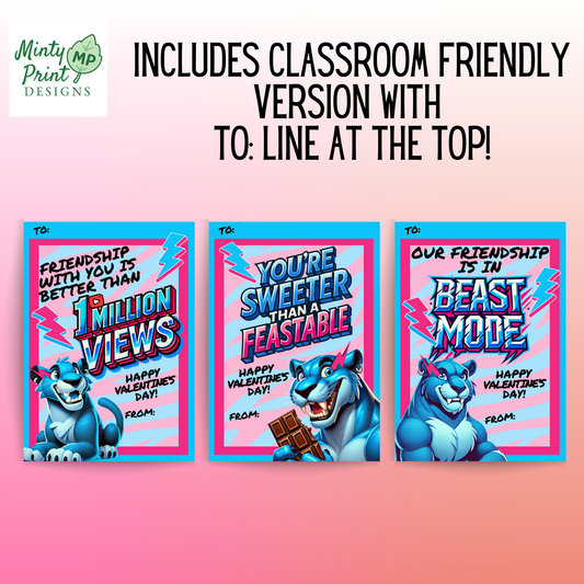Neon Panther Kids Valentine Cards – Printable “Beast Mode” Style, Fun Candy & Gamer-Inspired Designs