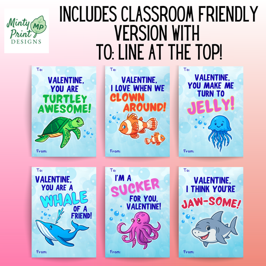 Printable Ocean Animal Valentine Cards for Kids – Cute Classroom Valentines with Shark, Turtle, Whale, Jellyfish & More (Set of 6)