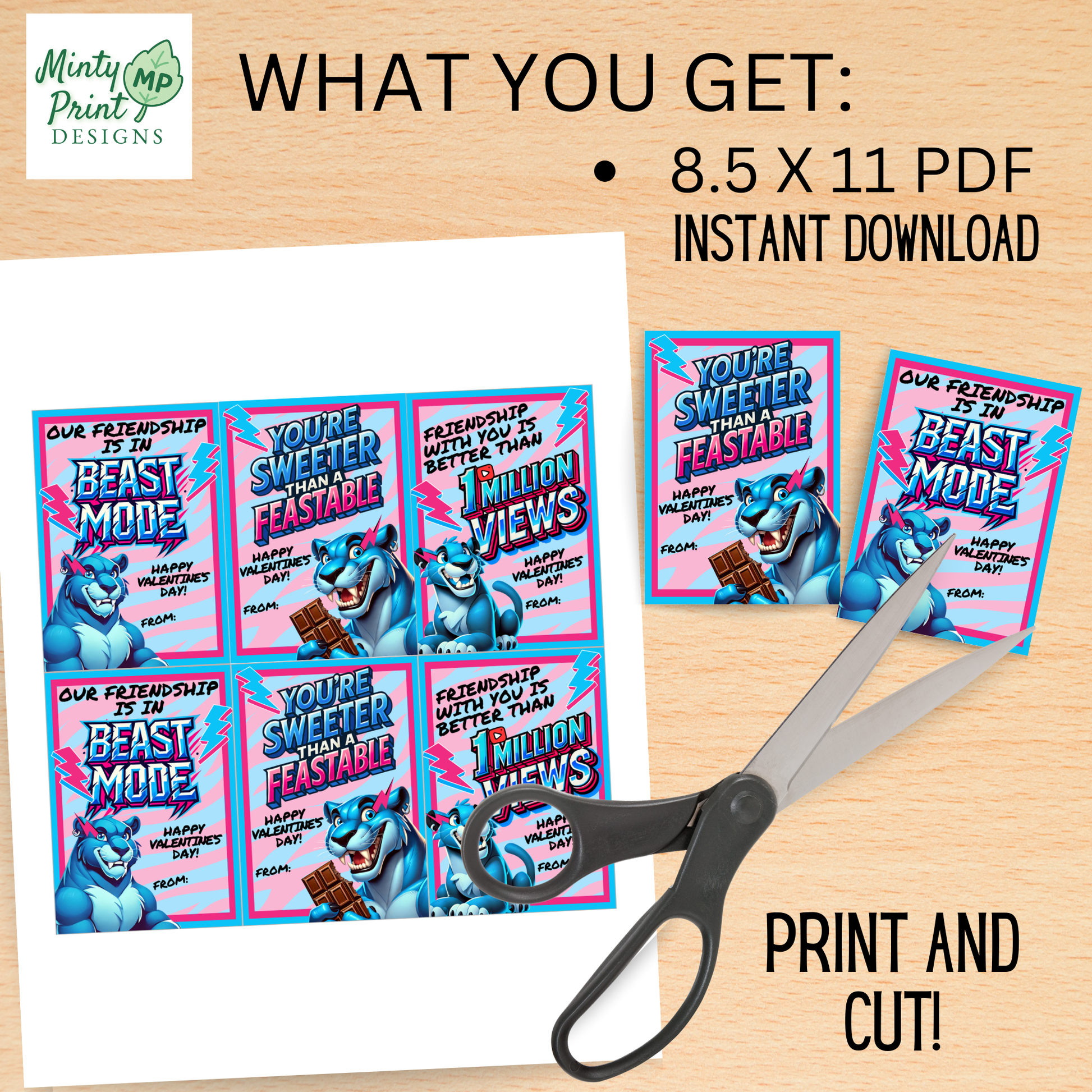 Printable neon panther valentine cards with bold gamer-style colors, lightning bolts, candy bar theme, and a beast-mode vibe great for kids who love gaming creators.