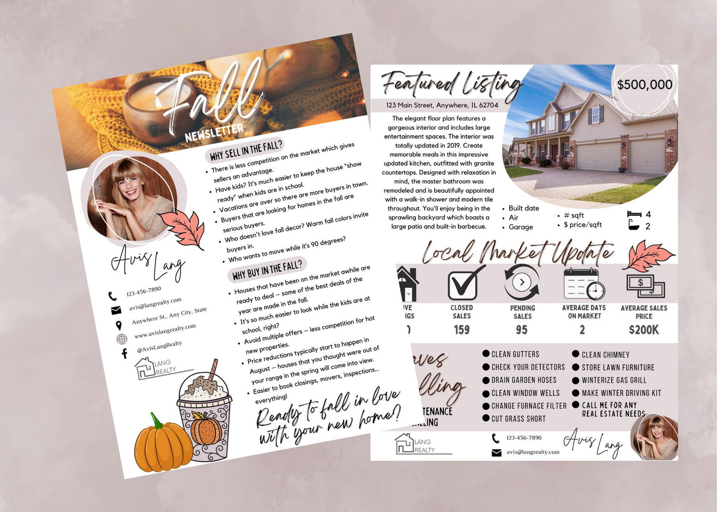 Professional fall realtor mailer template featuring home improvement ROI charts, seasonal recipes, and engaging client newsletter content.
