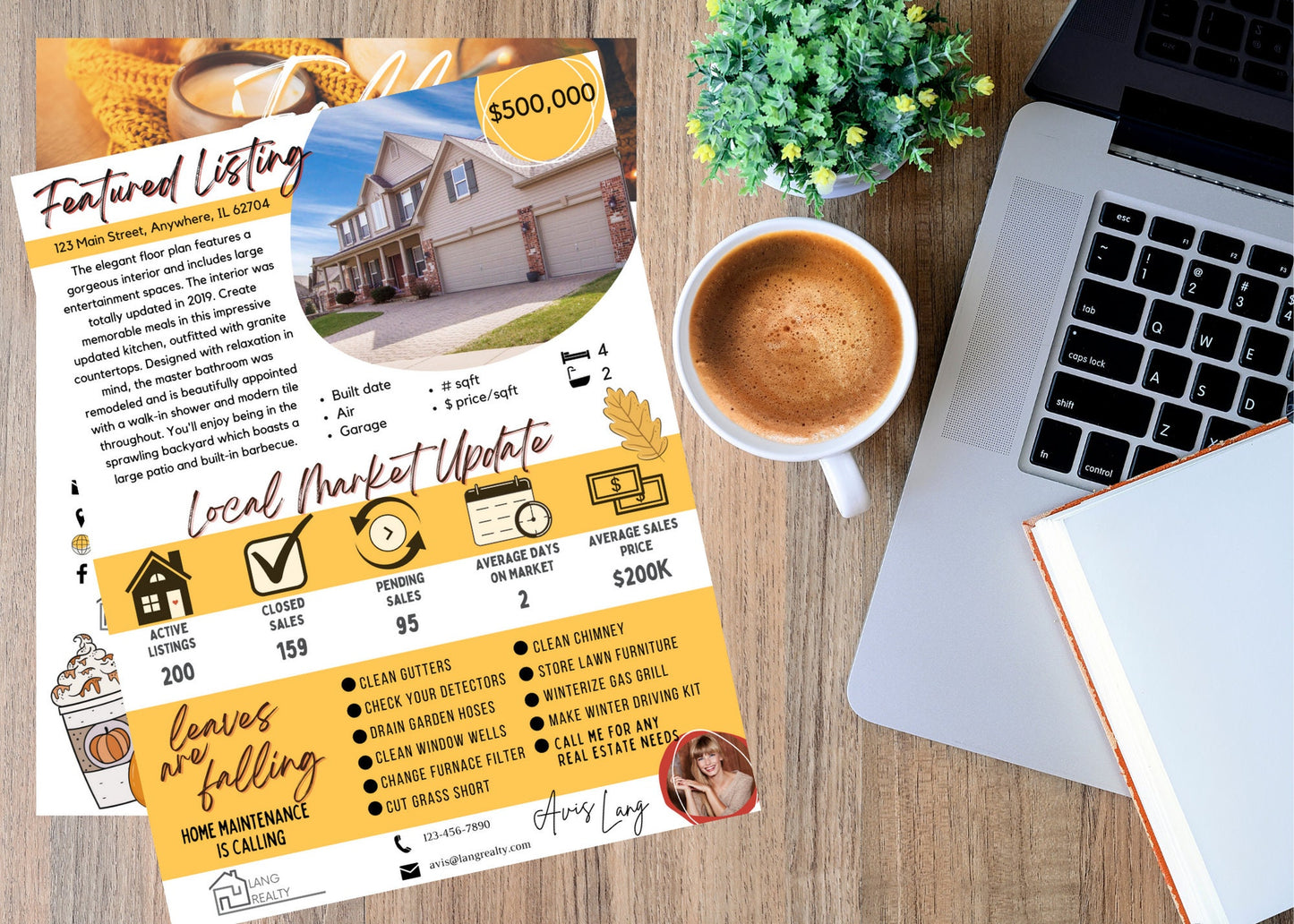 Editable Canva realtor newsletter featuring pumpkin recipes, Halloween word search, home maintenance checklist, and market updates.