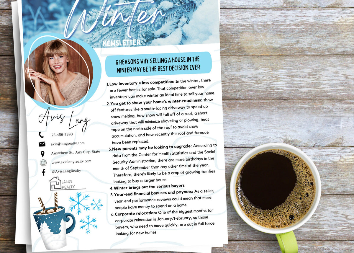 December real estate client newsletter featuring a local market update, featured property, winter homeowner information, and seasonal content.